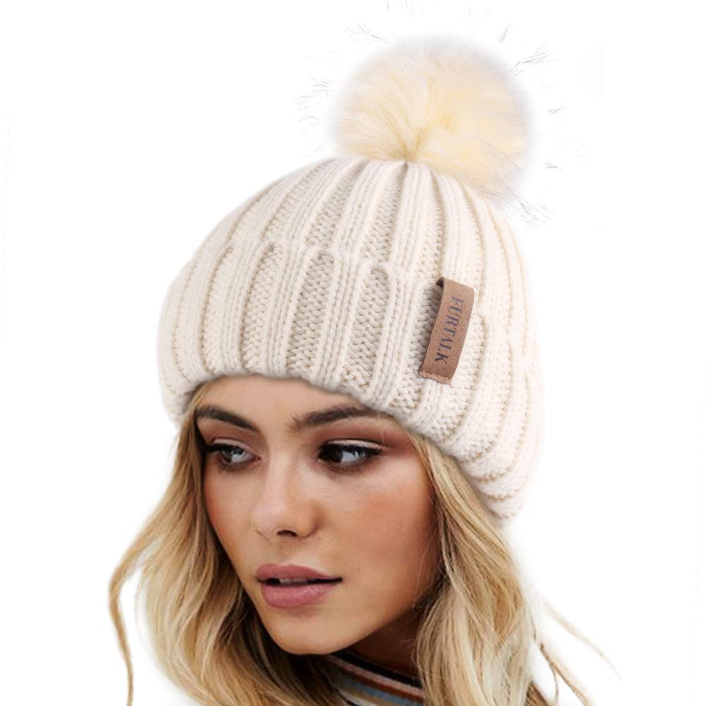 FURTALK Womens Winter Knitted Beanie Hat with Faux Fur Pom Warm Knit Skull Cap Beanie for Women
