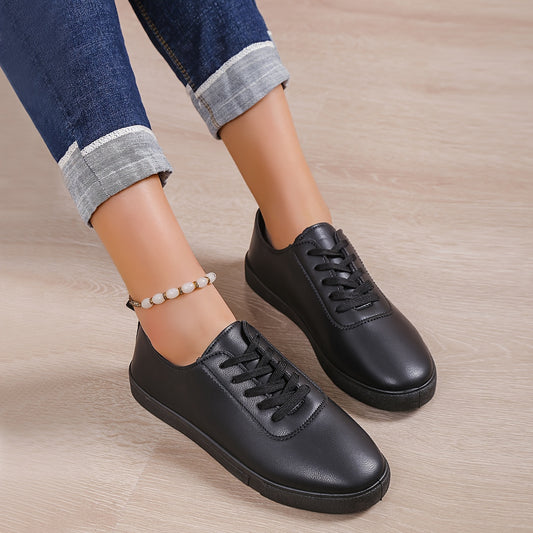 Women's Minimalist Low Top Sneakers, Solid Color Round Toe Lace Up Faux Leather Shoes, Casual Walking Sneakers