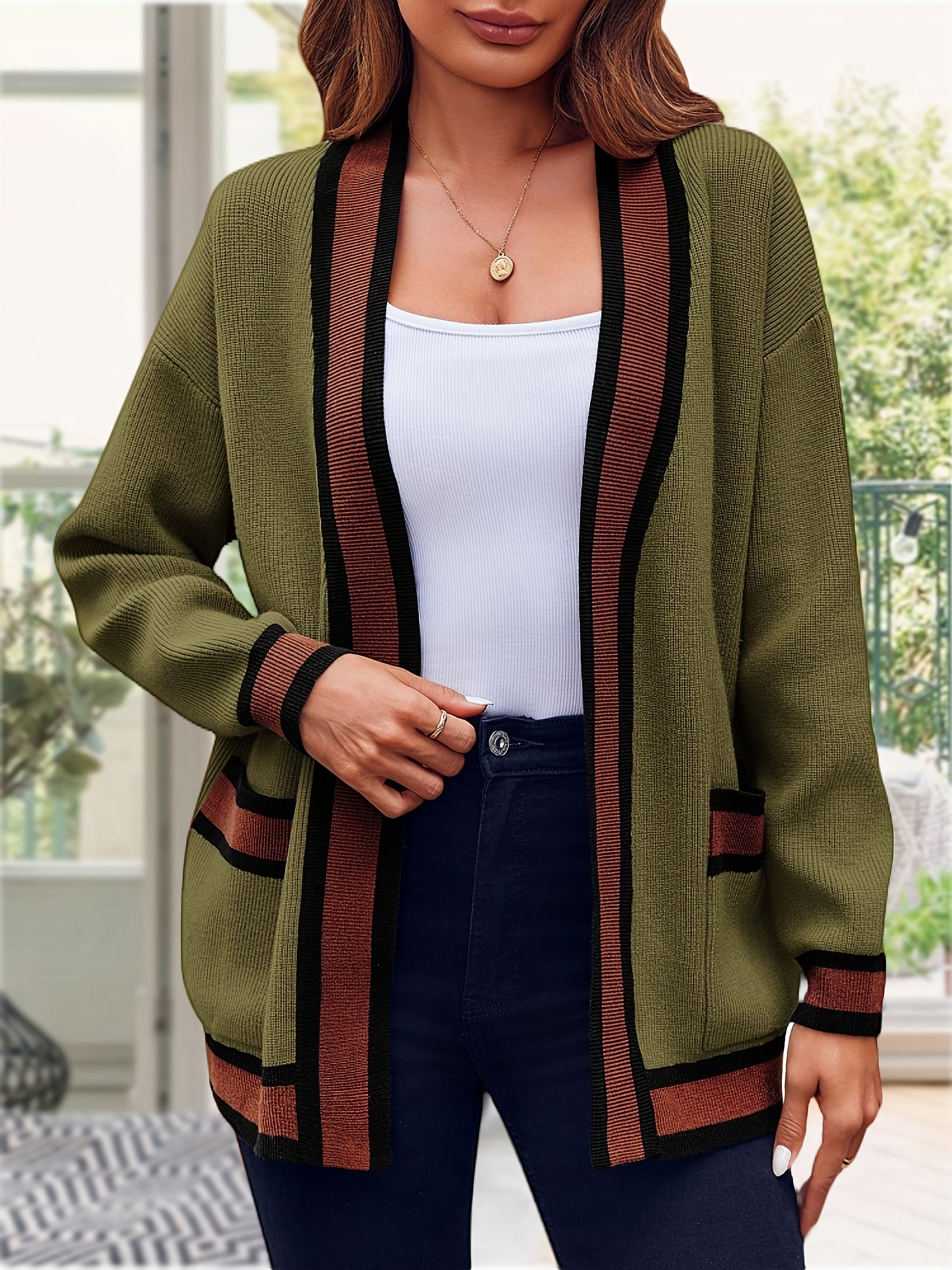 Womens Sweaters Color Blocked Knit Cardigans Oversized Soft Trending Coat 2024 With Pockets