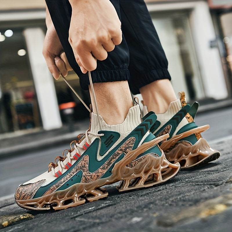 [Lightweight Running Shoes] Lightweight Breathable Men's Running Shoes | Laceup Sneakers with Letter Pattern Design, Fabric Upper & TPU Sole, EVA Cushioning for Gym, Jogging, Casual Wear - Teal & Beige, Versatile Trainers