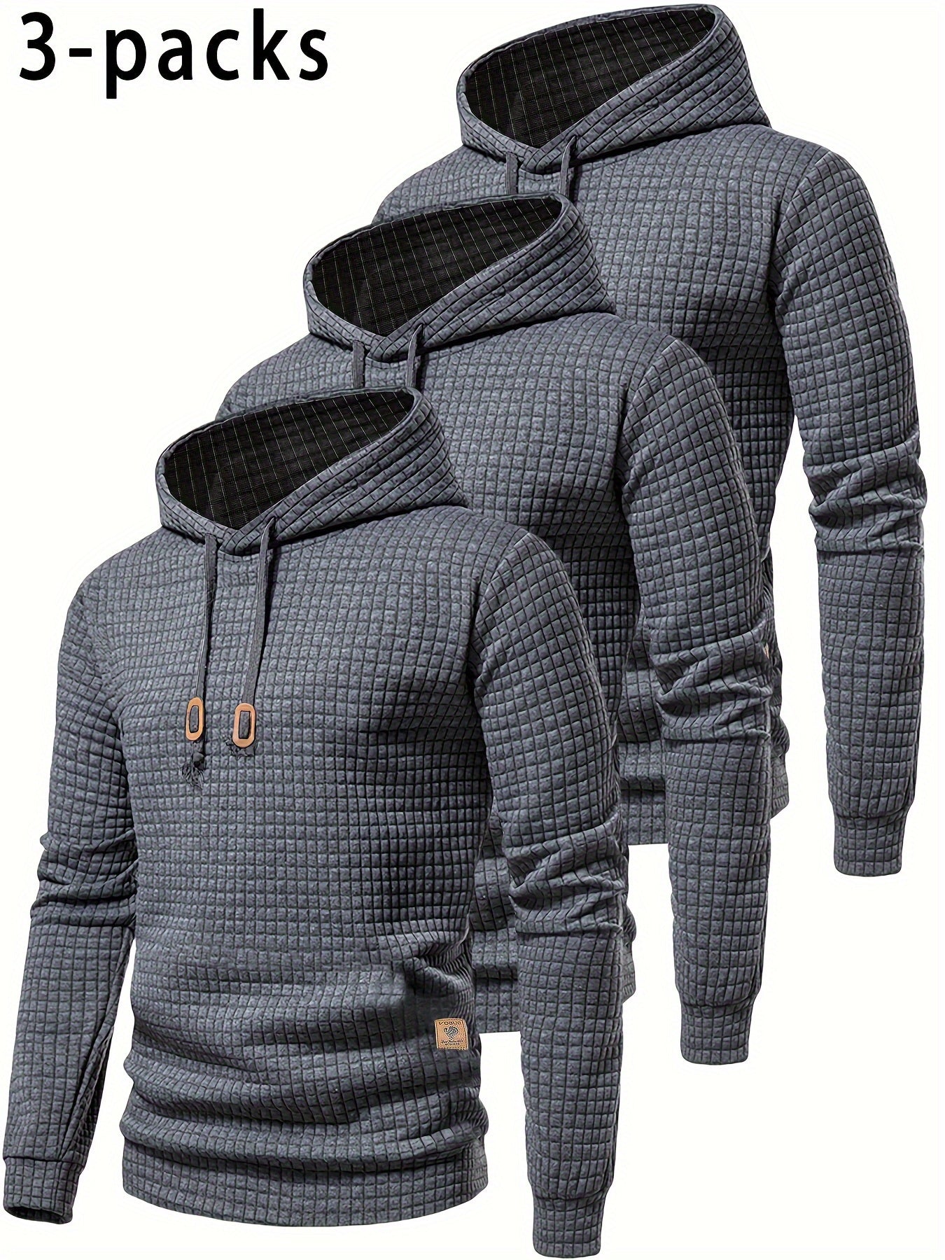 [Trending] 3pcs Men's Waffle-Knit Hoodies - Breathable, Moisture-Wicking & Quick-Dry for Running, Fitness & Casual Wear - Solid Color with Adjustable Drawstring