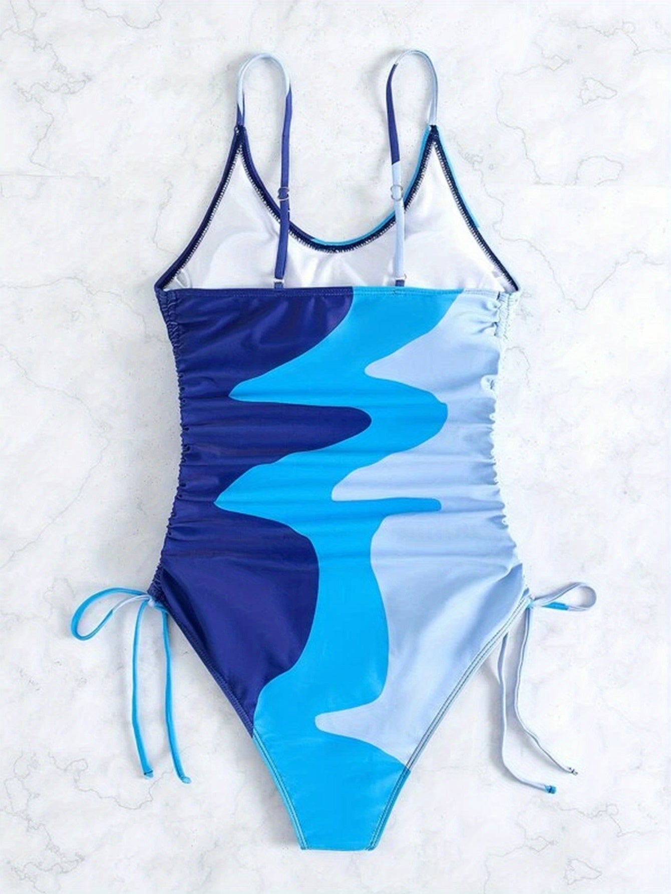 Blue Color Block Drawstring One-piece Swimsuit, Spaghetti Strap High Stretch Bathing Suits, Women's Swimwear & Clothing