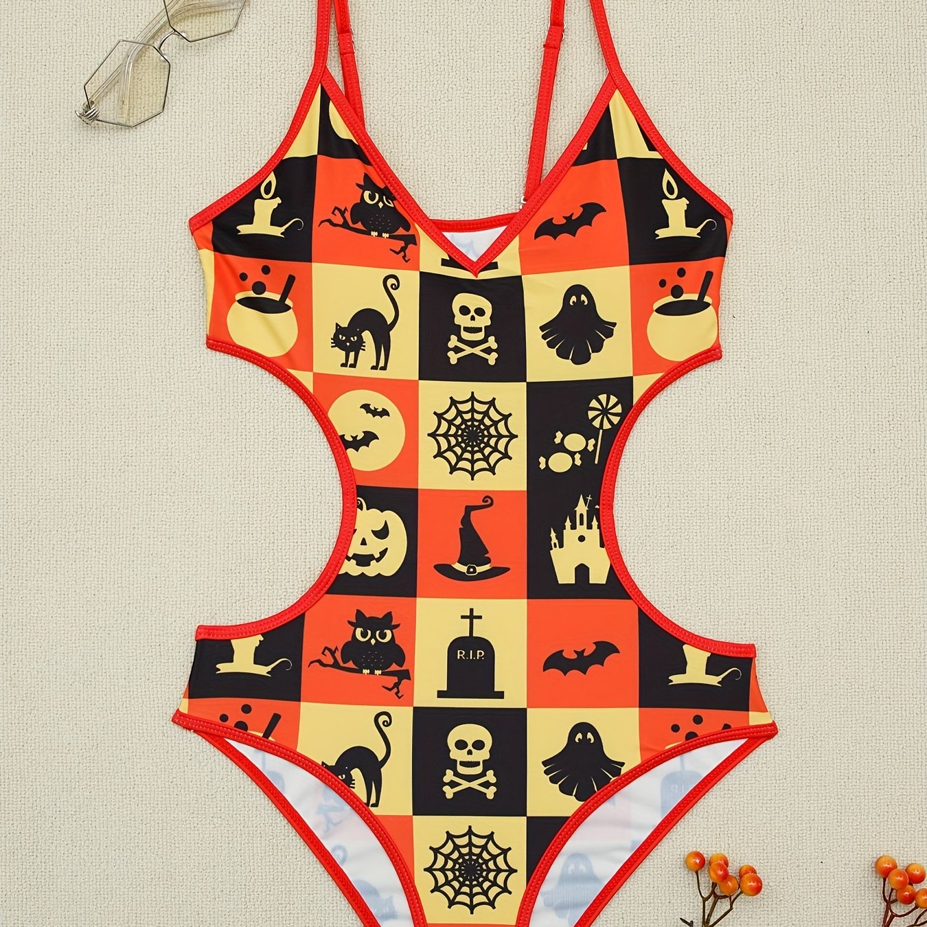 Halloween Cute Cartoon Print Cut Out One-piece Swimsuit, Cat Skull Owl Bat Spider Web Pattern Spaghetti Strap V Neck Stretchy Bathing Suits, Women's Swimwear & Clothing