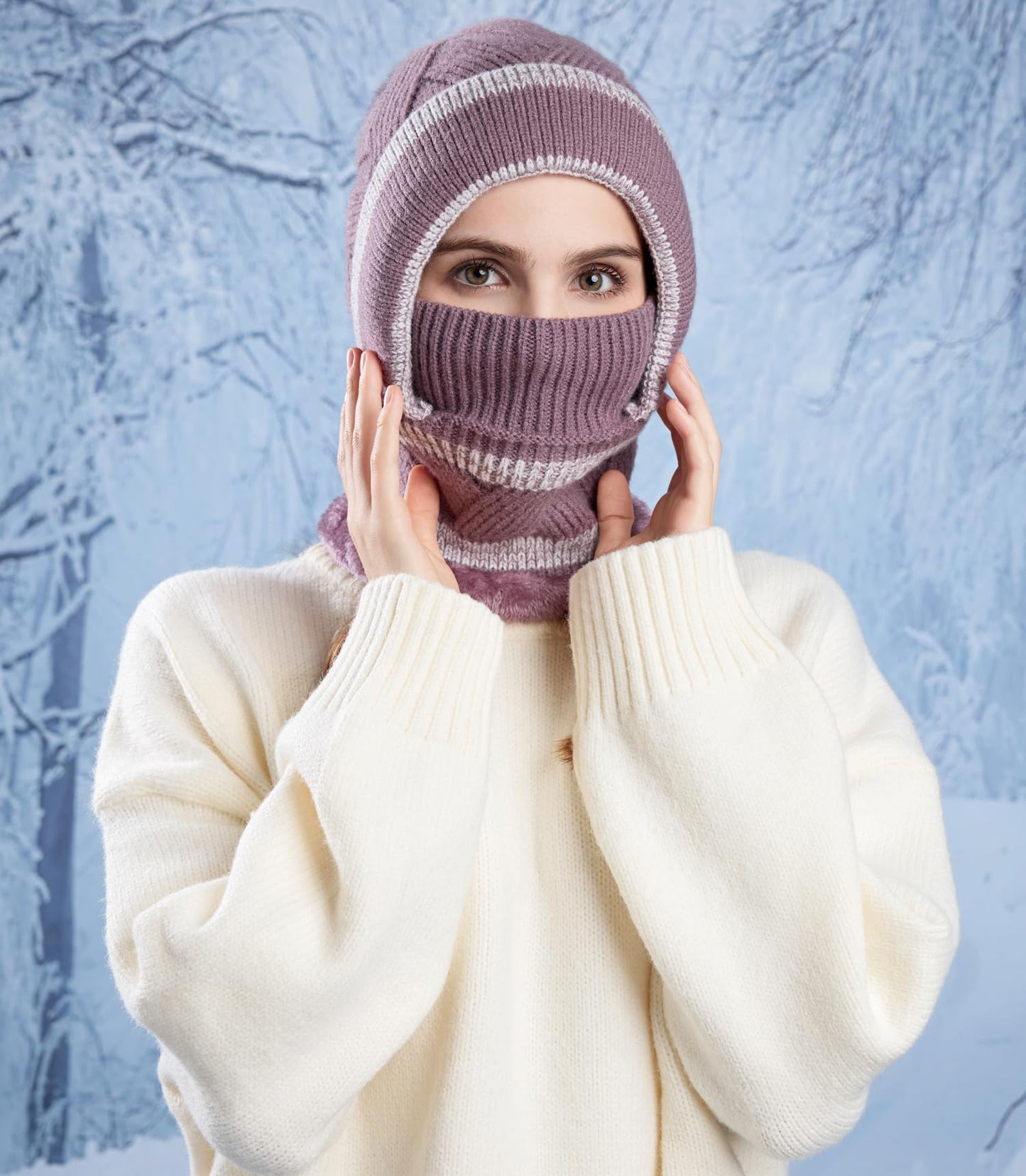 HUAMULAN Women Winter Beanie Hats One Piece Fleece Lined Knit Balaclavas Mask Set Skull Neck Circle Scarf Ski Snow Hat Pompom