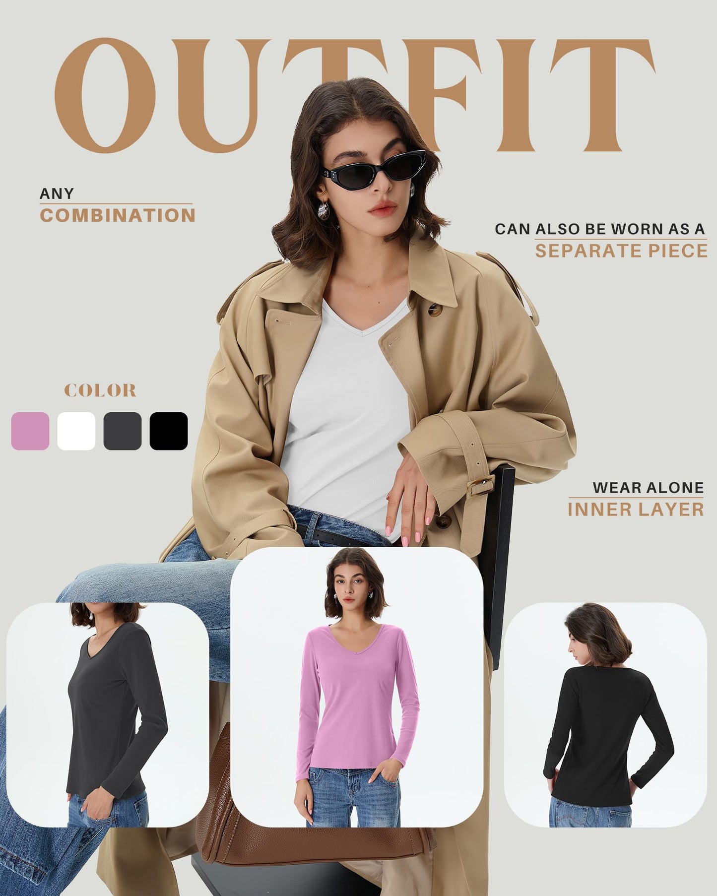 4 Pack Women's Long Sleeve Thermal Shirts Fleece Lined V Neck Slim Fit Underwear Base Layer Basic Winter Warm Tops