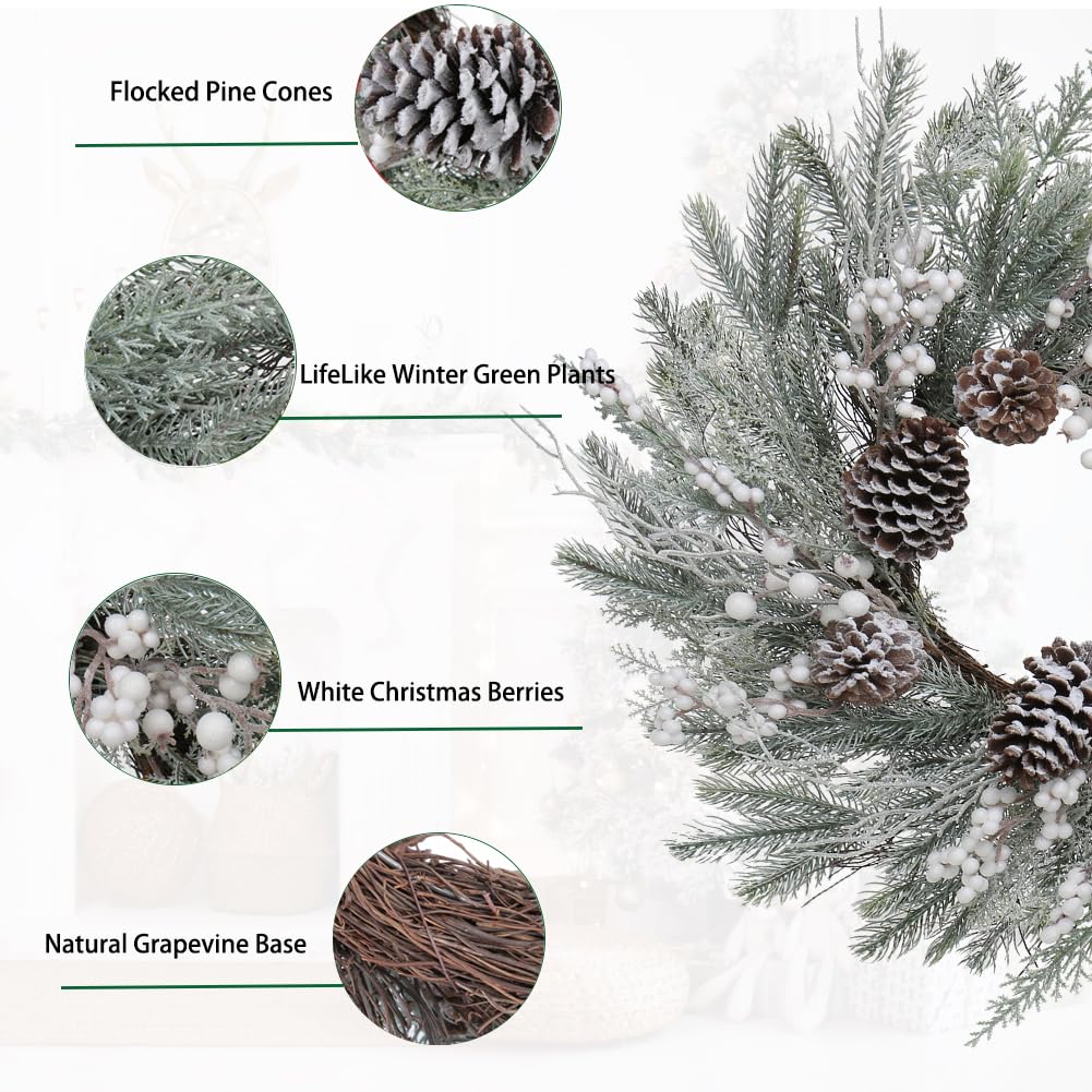 Christmas Wreath for Front Door 24" Large Xmas Wreath with Flocked Pinecone Red Berries Battery Operated 30 LED Lights for Christmas Outdoor Window Fireplaces Walls Home Decor