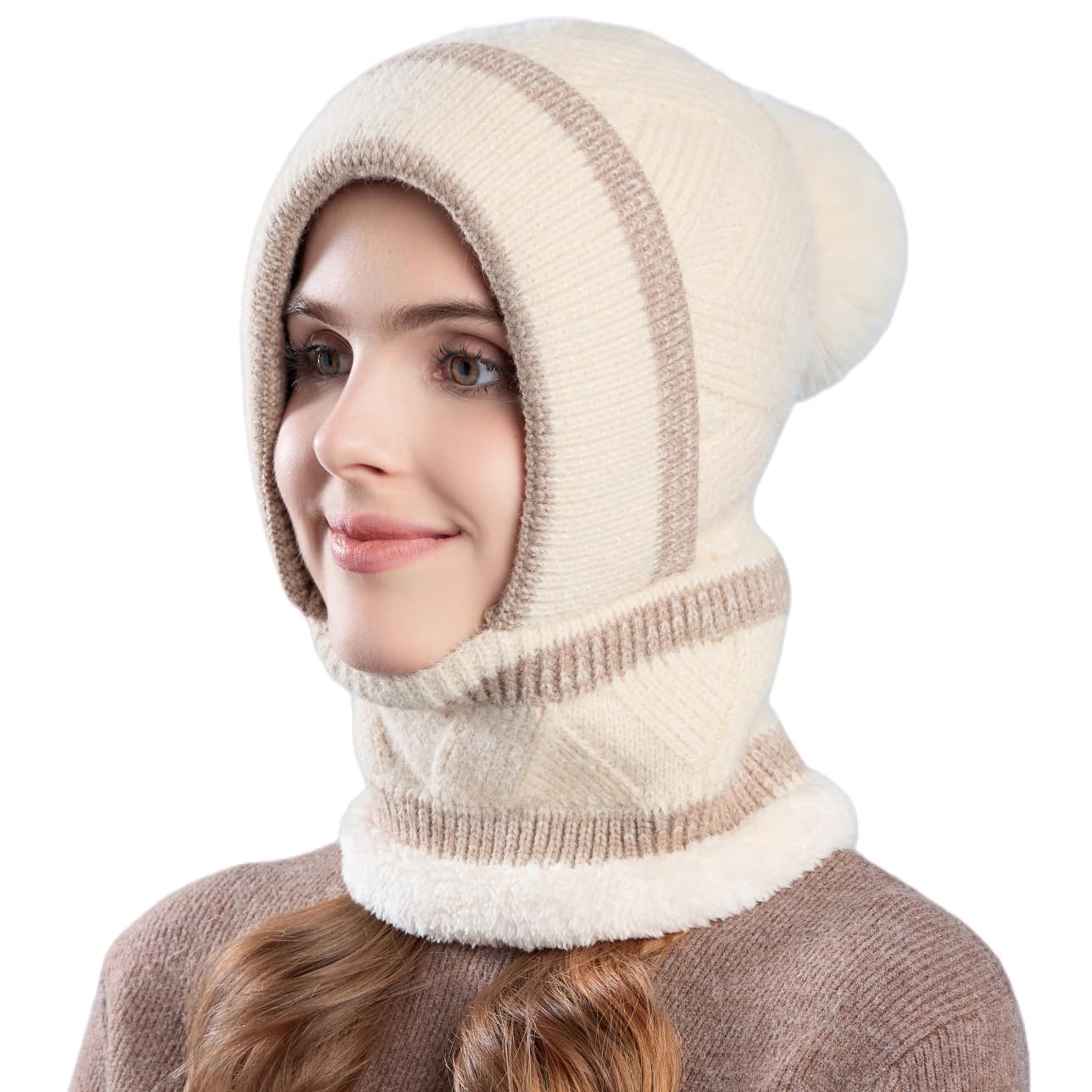 HUAMULAN Women Winter Beanie Hats One Piece Fleece Lined Knit Balaclavas Mask Set Skull Neck Circle Scarf Ski Snow Hat Pompom