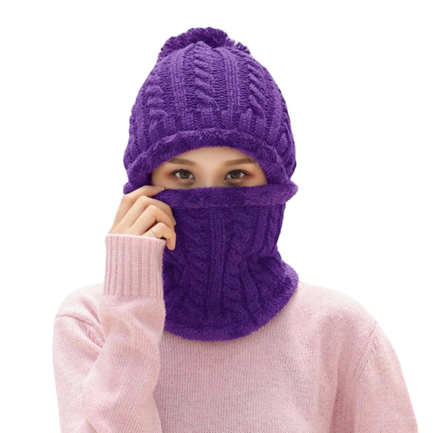 HUAMULAN Women Winter Beanie Hats One Piece Fleece Lined Knit Balaclavas Mask Set Skull Neck Circle Scarf Ski Snow Hat Pompom