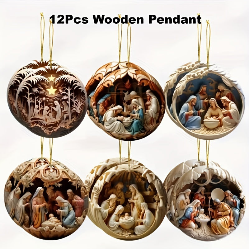 [Trending] 12pcs Handcrafted Wooden Nativity Scene Set - Full Moon Design Christmas Ornaments for Tree, Home & Holiday Decor