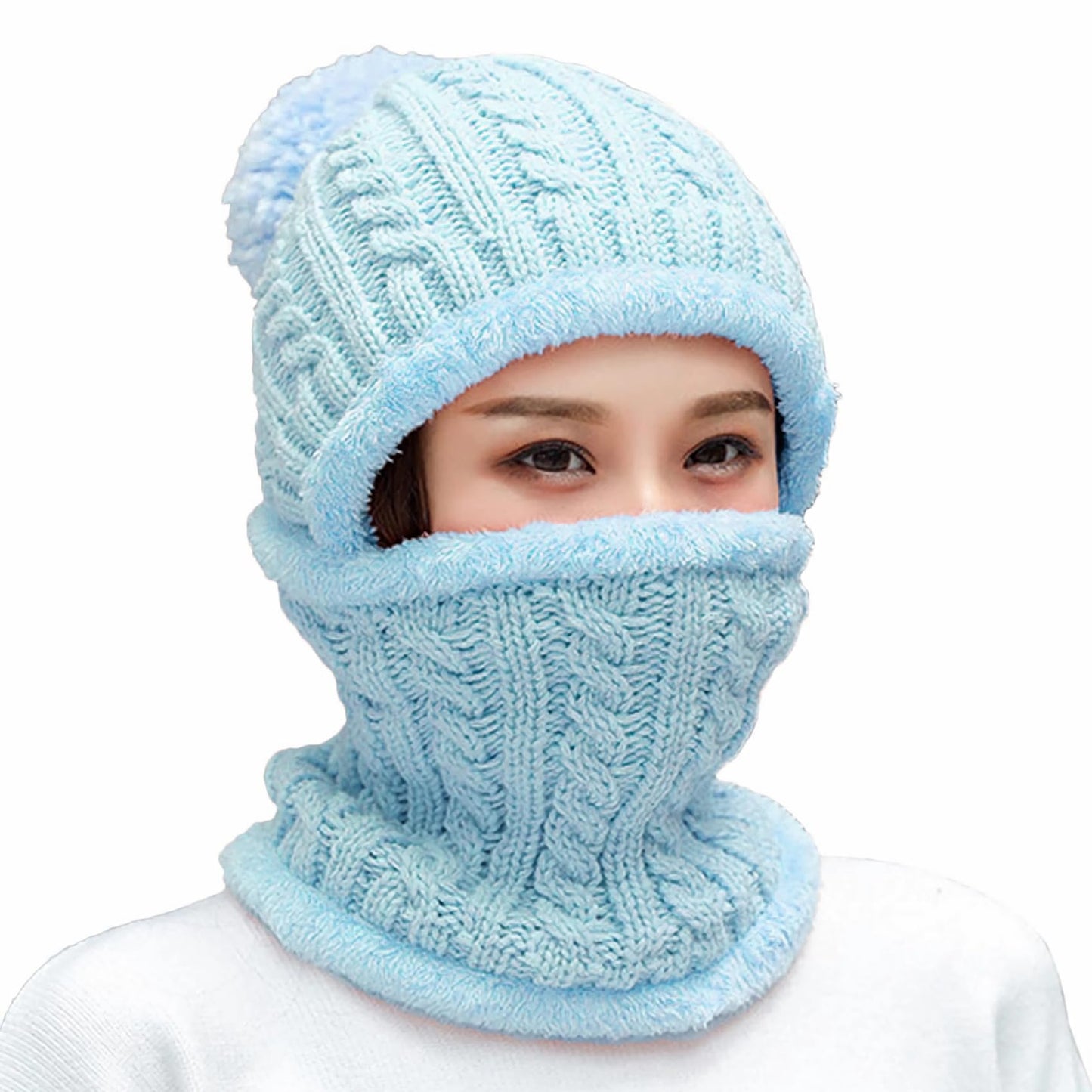 HUAMULAN Women Winter Beanie Hats One Piece Fleece Lined Knit Balaclavas Mask Set Skull Neck Circle Scarf Ski Snow Hat Pompom