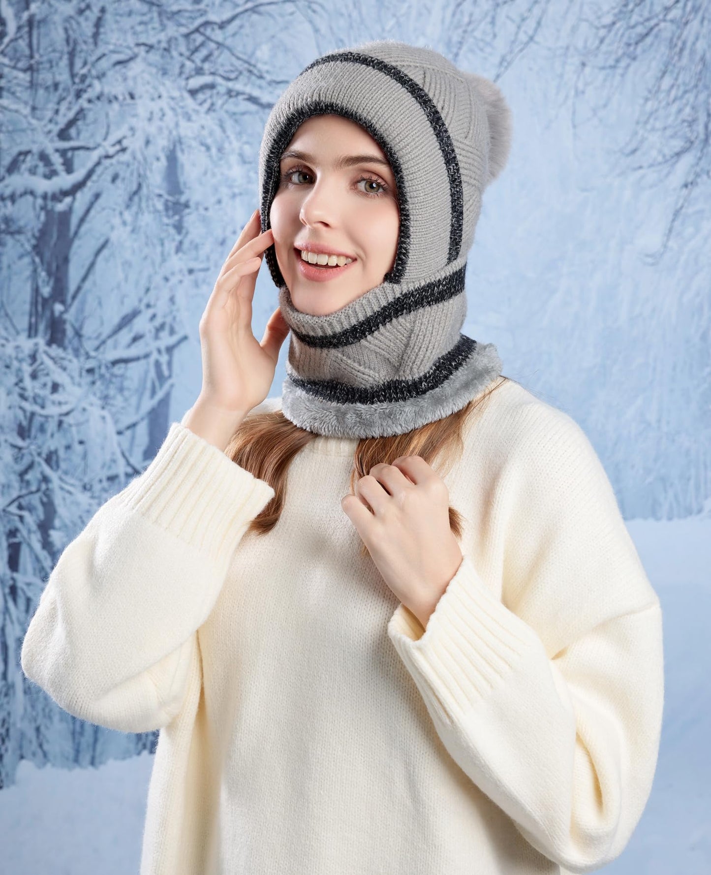 HUAMULAN Women Winter Beanie Hats One Piece Fleece Lined Knit Balaclavas Mask Set Skull Neck Circle Scarf Ski Snow Hat Pompom