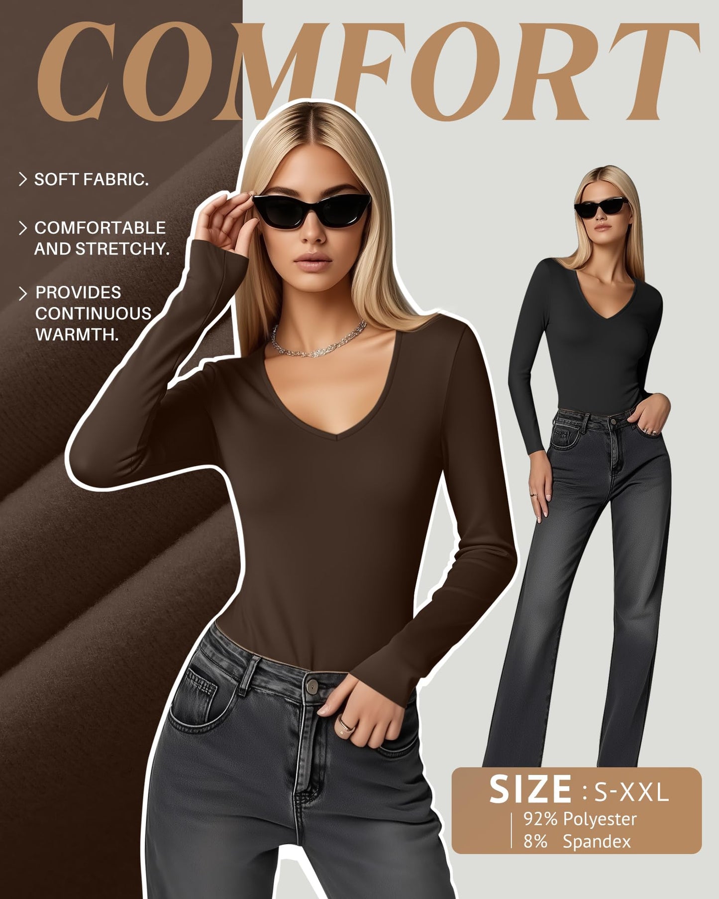 4 Pack Women's Long Sleeve Thermal Shirts Fleece Lined V Neck Slim Fit Underwear Base Layer Basic Winter Warm Tops