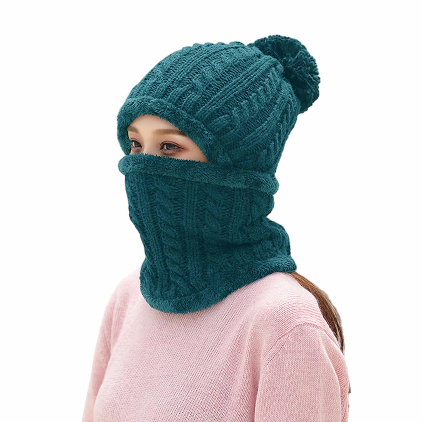 HUAMULAN Women Winter Beanie Hats One Piece Fleece Lined Knit Balaclavas Mask Set Skull Neck Circle Scarf Ski Snow Hat Pompom