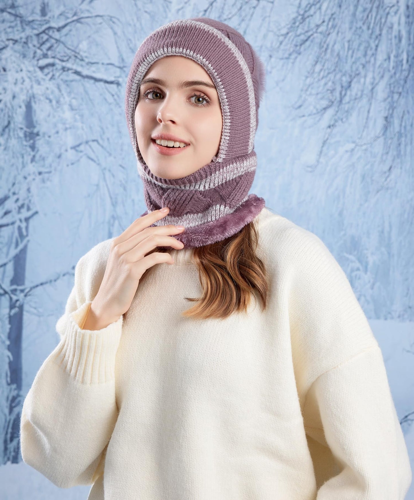 HUAMULAN Women Winter Beanie Hats One Piece Fleece Lined Knit Balaclavas Mask Set Skull Neck Circle Scarf Ski Snow Hat Pompom
