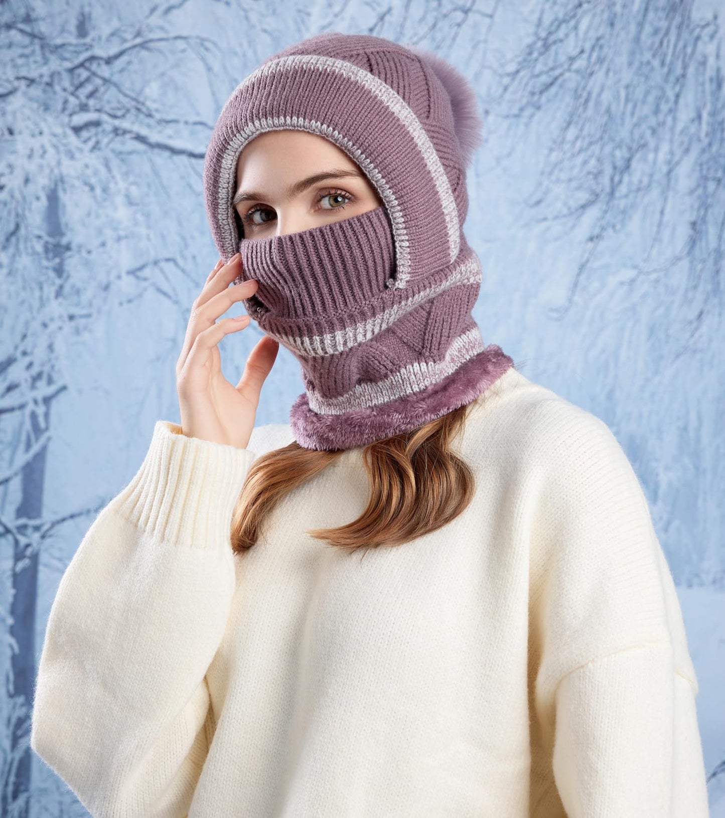 HUAMULAN Women Winter Beanie Hats One Piece Fleece Lined Knit Balaclavas Mask Set Skull Neck Circle Scarf Ski Snow Hat Pompom