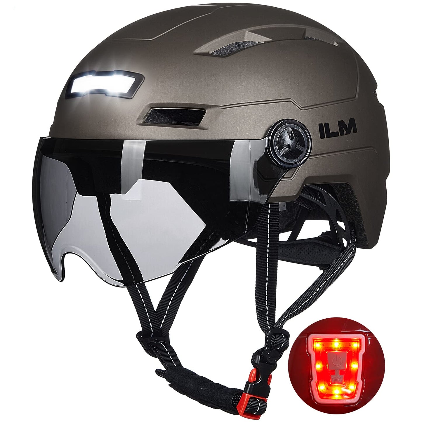 ILM Adult Bike Helmet with USB Rechargeable LED Front and Back Light Mountain&Road Bicycle Helmets for Men Women Removable Goggle Cycling Helmet E3-10L