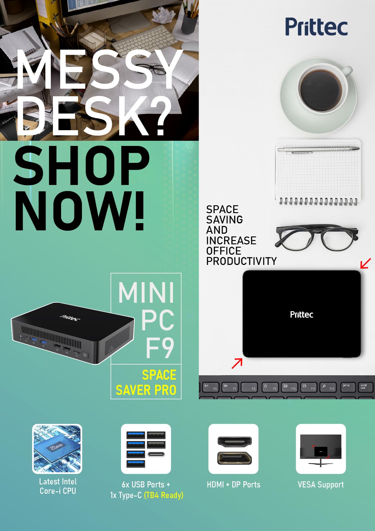 F9 Mini PC, Intel 13th Gen i5-13420H, 16GB DDR4 RAM, 512GB M.2 SSD, Support 8K, Triple Display, HDMI x1, DP x 1, USB3.2 x 4, USB2.0 x 2, Type-C x 1, 2.5GB LAN x 2, WiFi6/BT5.2