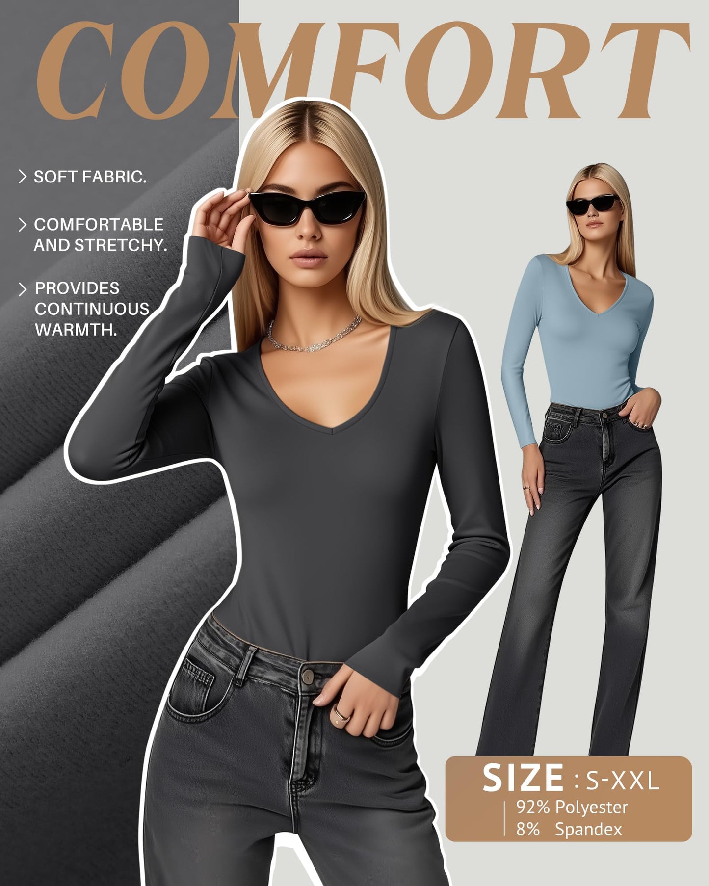 4 Pack Women's Long Sleeve Thermal Shirts Fleece Lined V Neck Slim Fit Underwear Base Layer Basic Winter Warm Tops