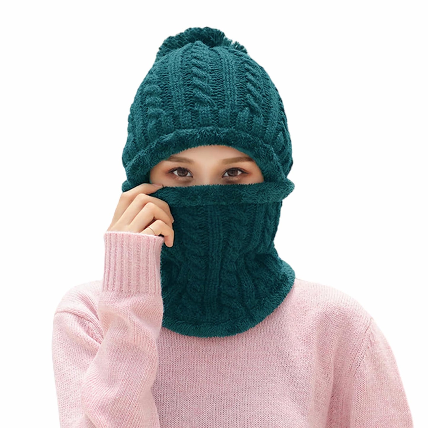 HUAMULAN Women Winter Beanie Hats One Piece Fleece Lined Knit Balaclavas Mask Set Skull Neck Circle Scarf Ski Snow Hat Pompom