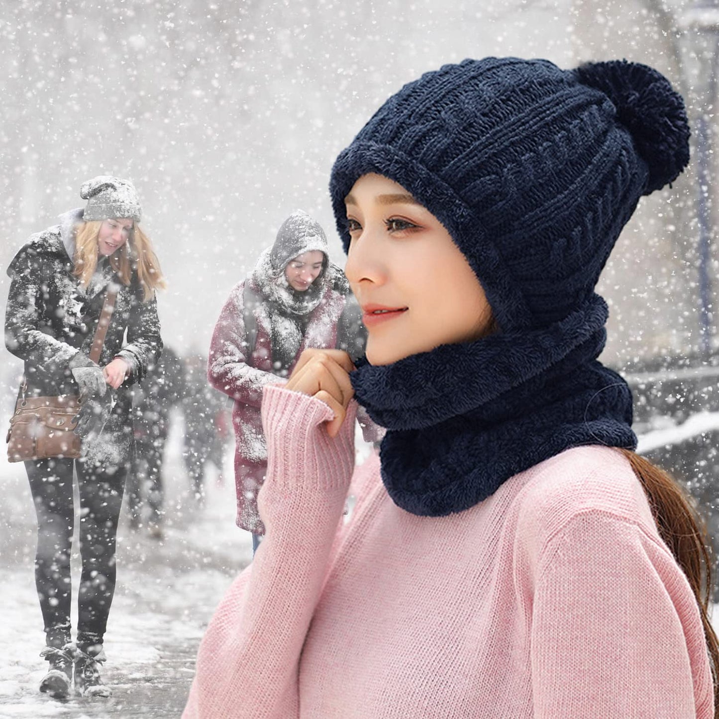 HUAMULAN Women Winter Beanie Hats One Piece Fleece Lined Knit Balaclavas Mask Set Skull Neck Circle Scarf Ski Snow Hat Pompom