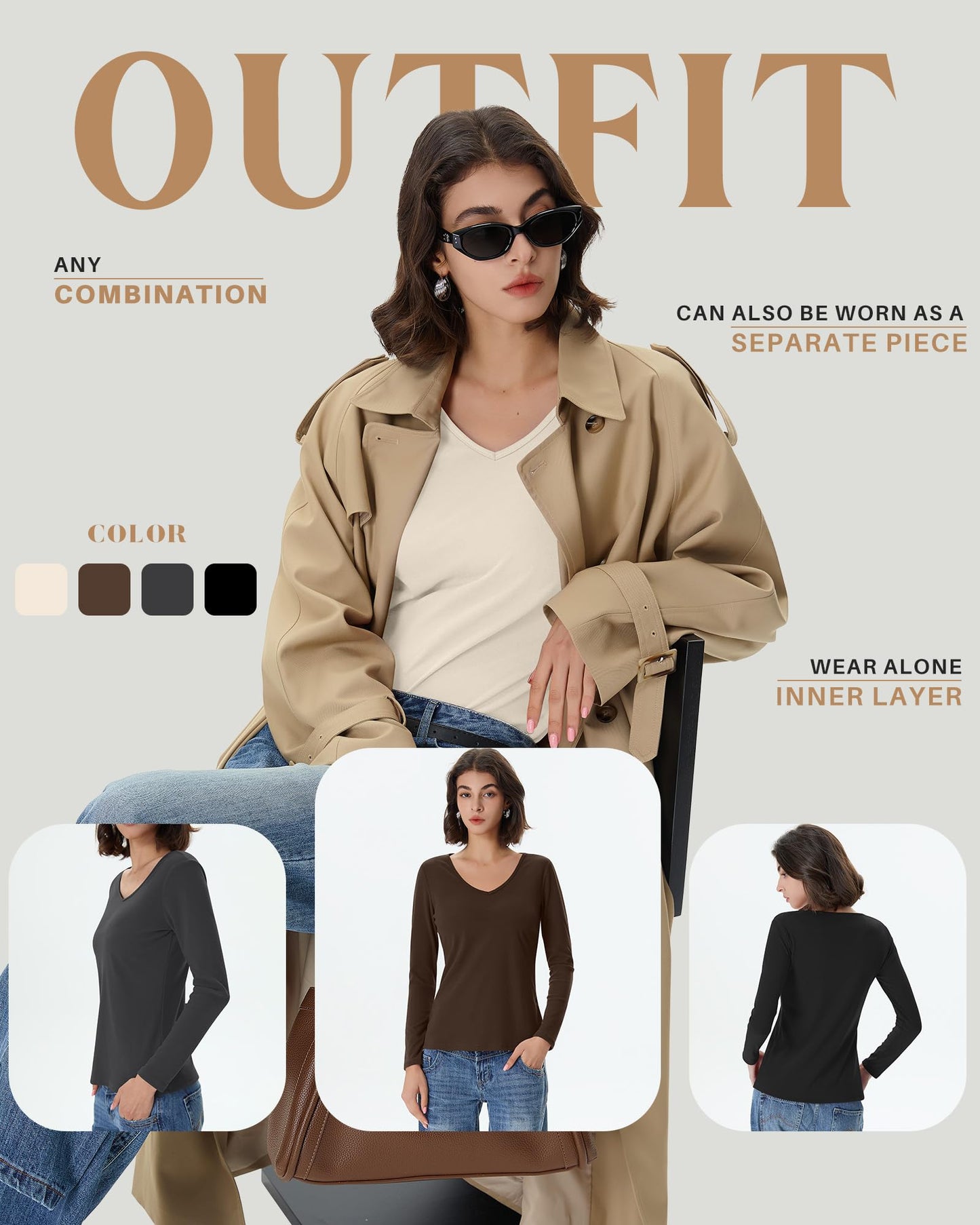 4 Pack Women's Long Sleeve Thermal Shirts Fleece Lined V Neck Slim Fit Underwear Base Layer Basic Winter Warm Tops