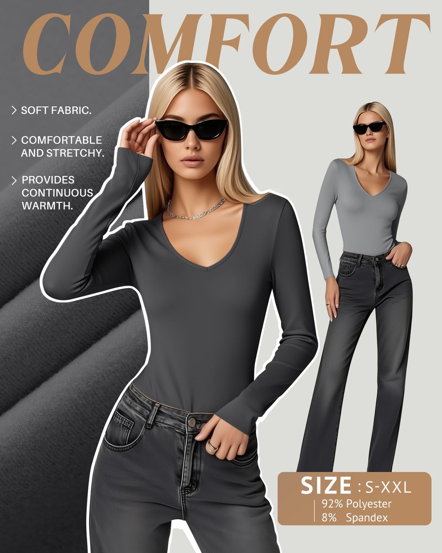 4 Pack Women's Long Sleeve Thermal Shirts Fleece Lined V Neck Slim Fit Underwear Base Layer Basic Winter Warm Tops