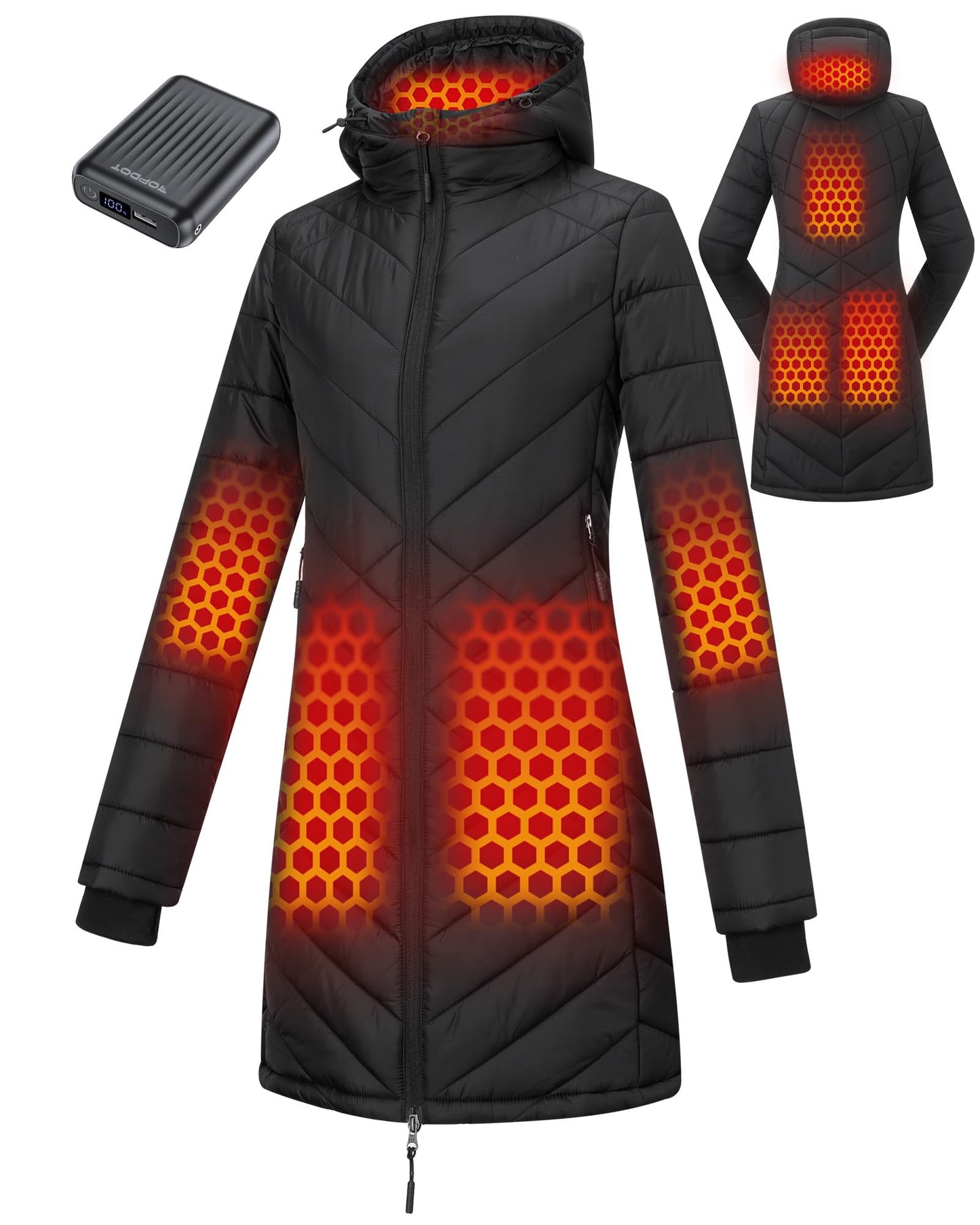 Topdot Graphene Long Heated Jackets for Women with 12V 18400mAh Battery Pack, 8 Heat Zones Hooded Heated Coat for Womens