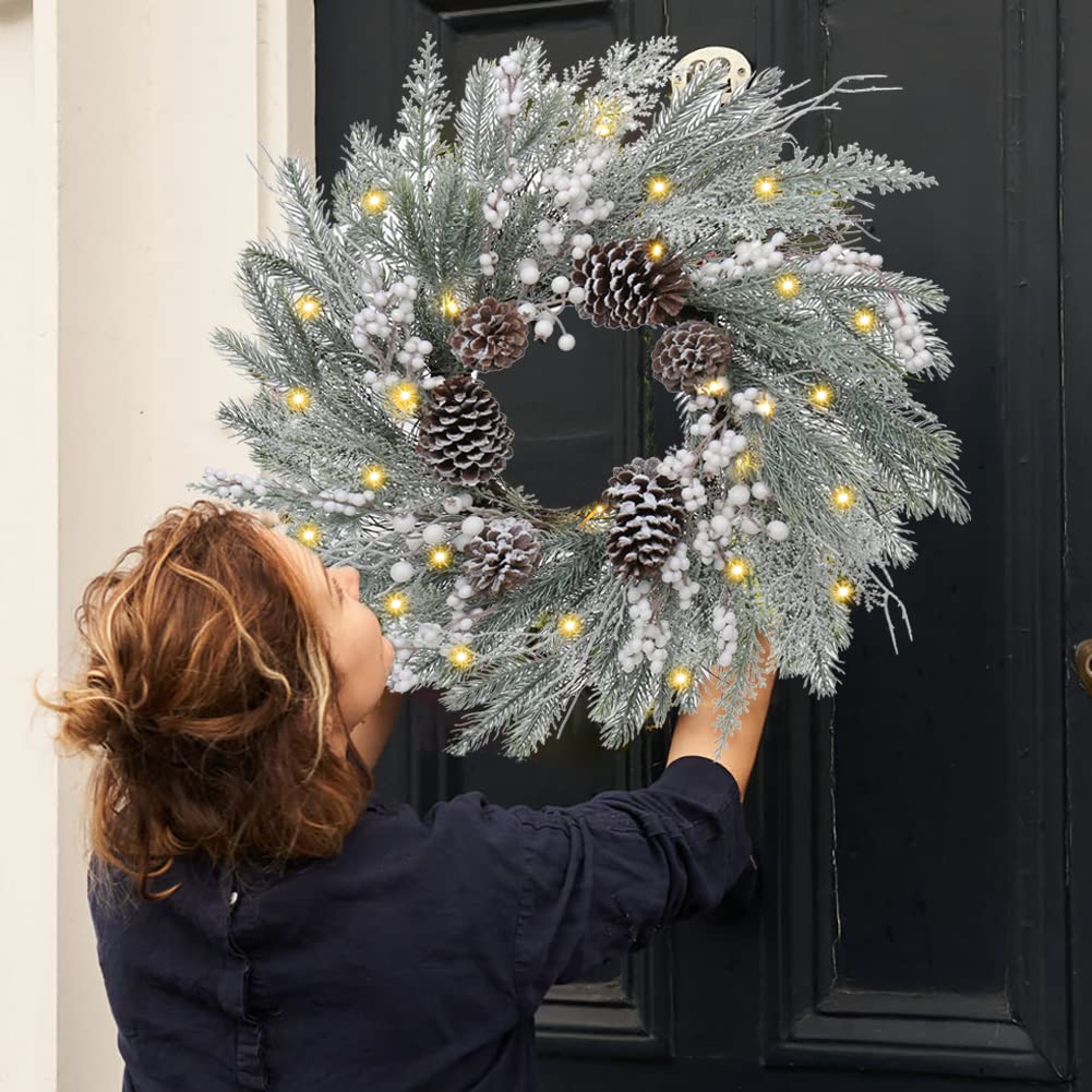 Christmas Wreath for Front Door 24" Large Xmas Wreath with Flocked Pinecone Red Berries Battery Operated 30 LED Lights for Christmas Outdoor Window Fireplaces Walls Home Decor