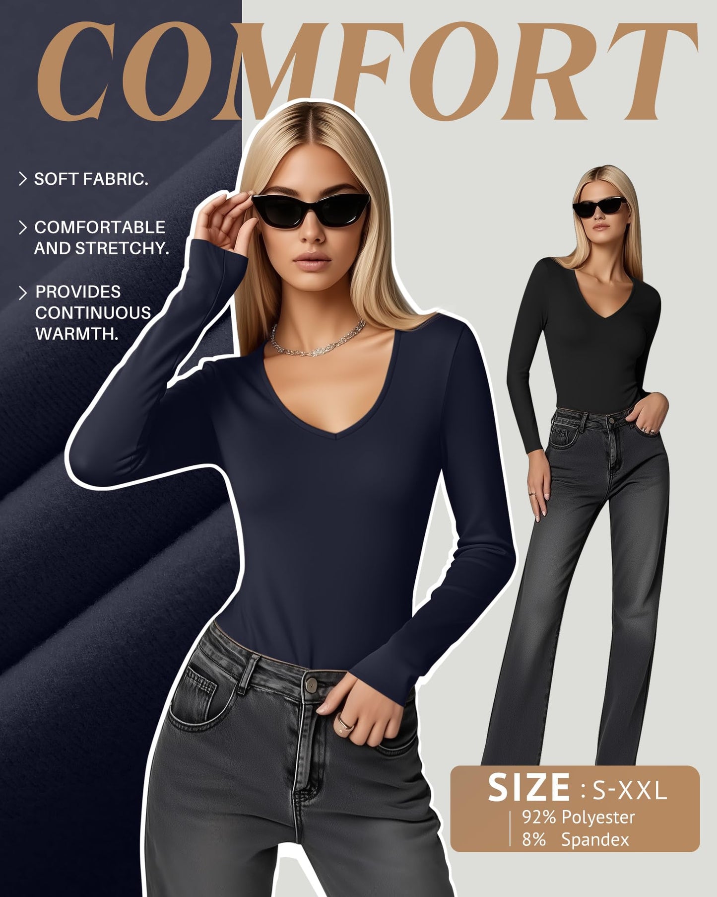 4 Pack Women's Long Sleeve Thermal Shirts Fleece Lined V Neck Slim Fit Underwear Base Layer Basic Winter Warm Tops