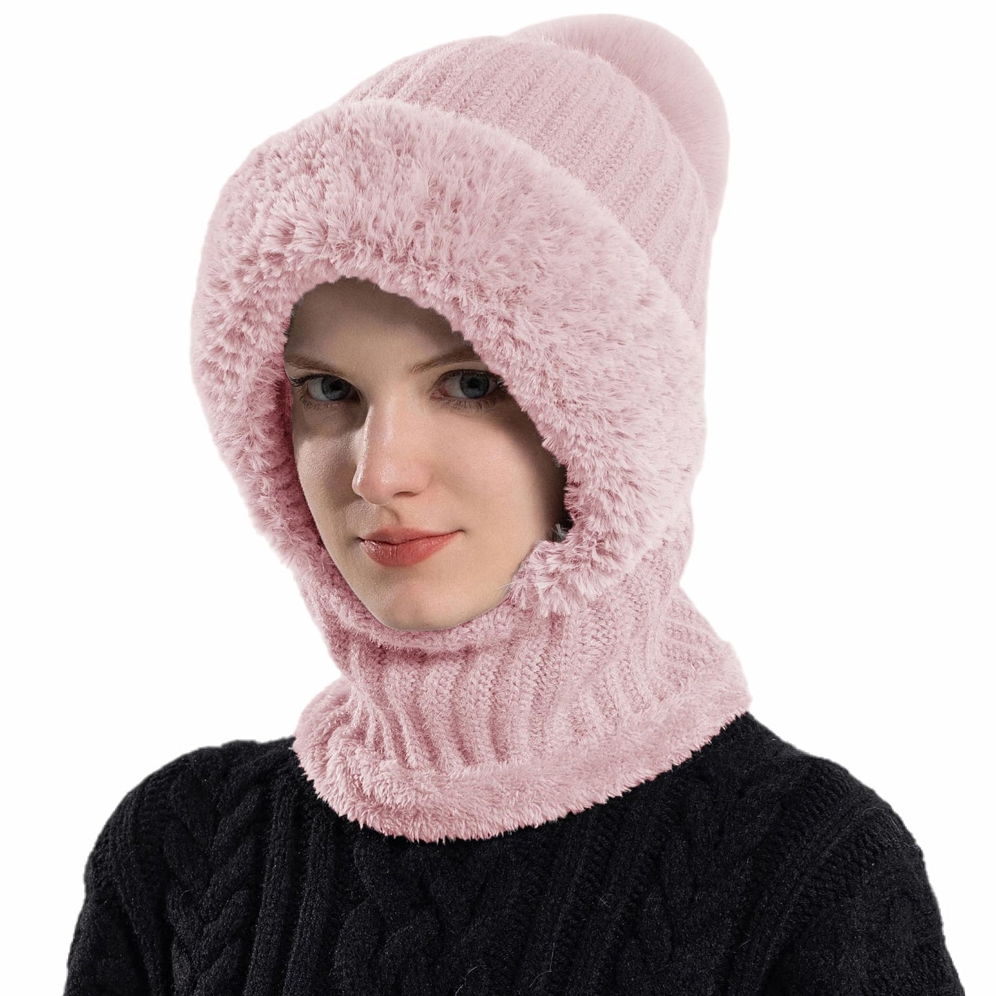 HUAMULAN Women Winter Beanie Hats One Piece Fleece Lined Knit Balaclavas Mask Set Skull Neck Circle Scarf Ski Snow Hat Pompom