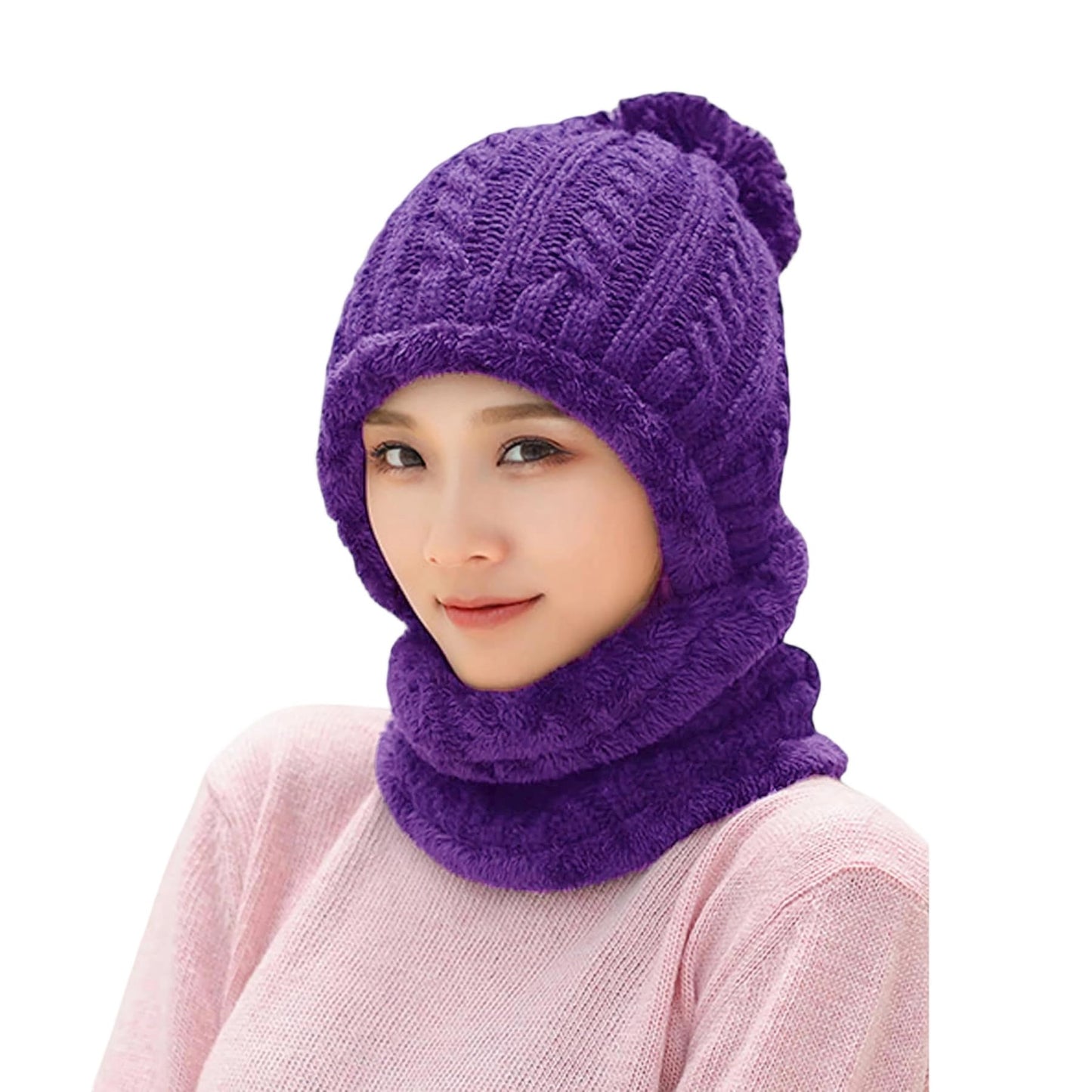 HUAMULAN Women Winter Beanie Hats One Piece Fleece Lined Knit Balaclavas Mask Set Skull Neck Circle Scarf Ski Snow Hat Pompom