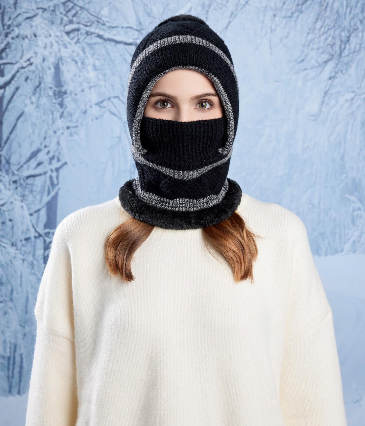 HUAMULAN Women Winter Beanie Hats One Piece Fleece Lined Knit Balaclavas Mask Set Skull Neck Circle Scarf Ski Snow Hat Pompom