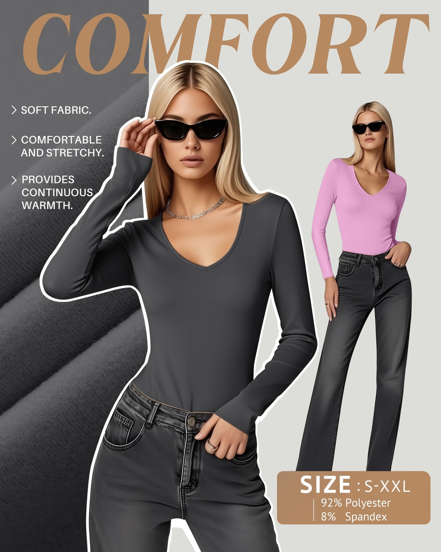 4 Pack Women's Long Sleeve Thermal Shirts Fleece Lined V Neck Slim Fit Underwear Base Layer Basic Winter Warm Tops