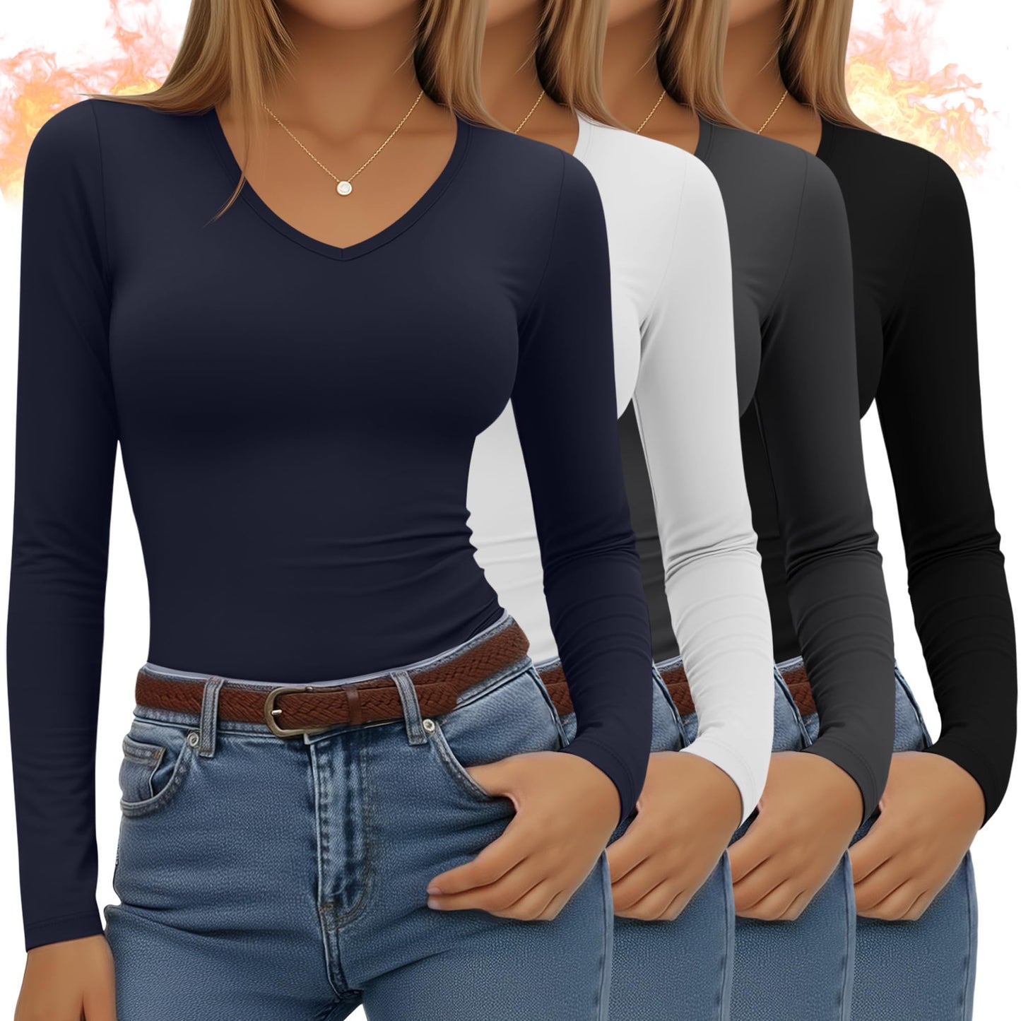 4 Pack Women's Long Sleeve Thermal Shirts Fleece Lined V Neck Slim Fit Underwear Base Layer Basic Winter Warm Tops