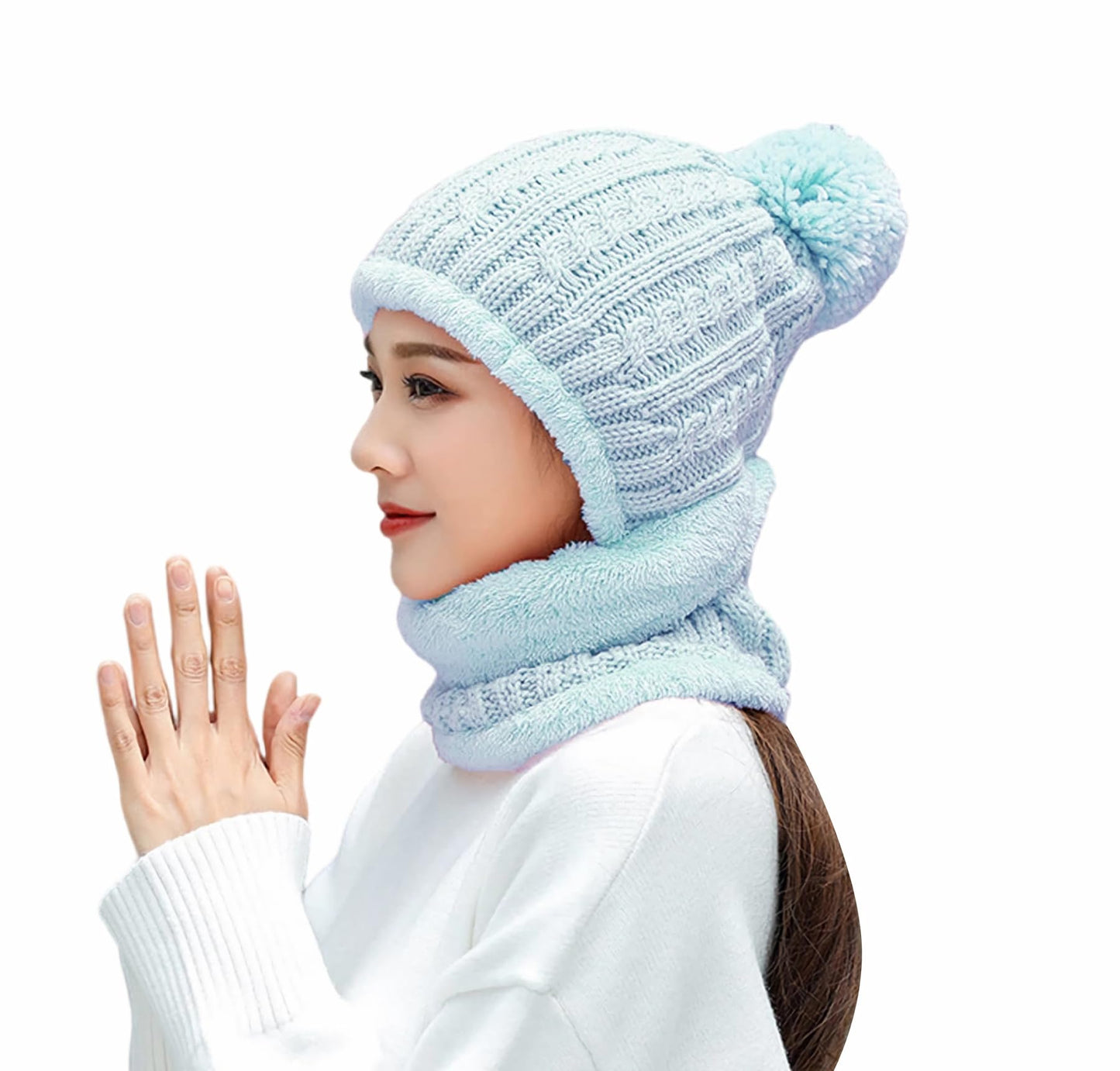 HUAMULAN Women Winter Beanie Hats One Piece Fleece Lined Knit Balaclavas Mask Set Skull Neck Circle Scarf Ski Snow Hat Pompom