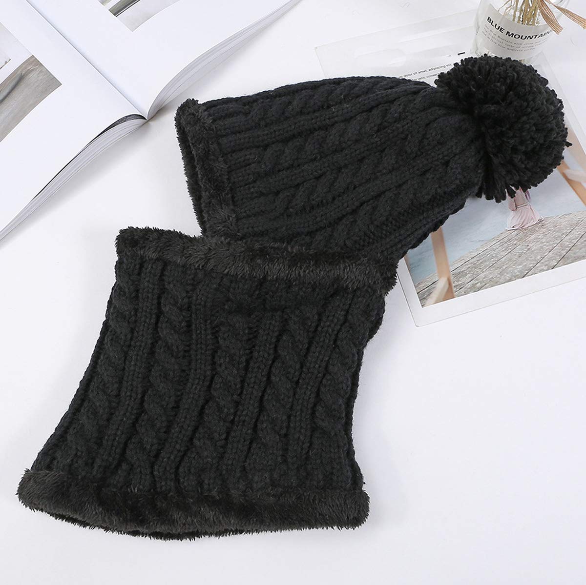 HUAMULAN Women Winter Beanie Hats One Piece Fleece Lined Knit Balaclavas Mask Set Skull Neck Circle Scarf Ski Snow Hat Pompom