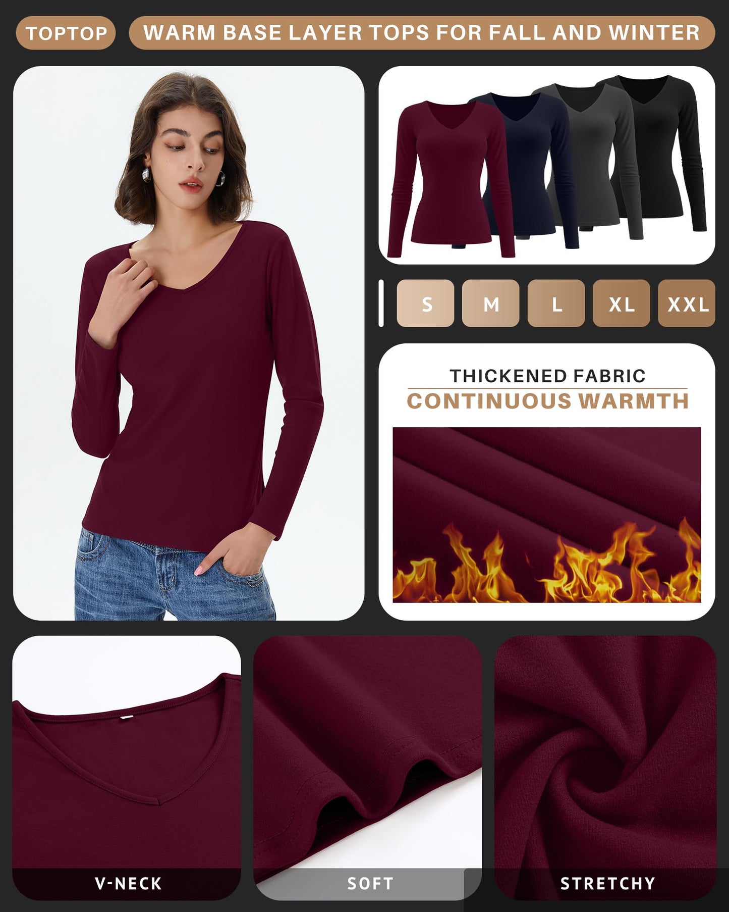 4 Pack Women's Long Sleeve Thermal Shirts Fleece Lined V Neck Slim Fit Underwear Base Layer Basic Winter Warm Tops