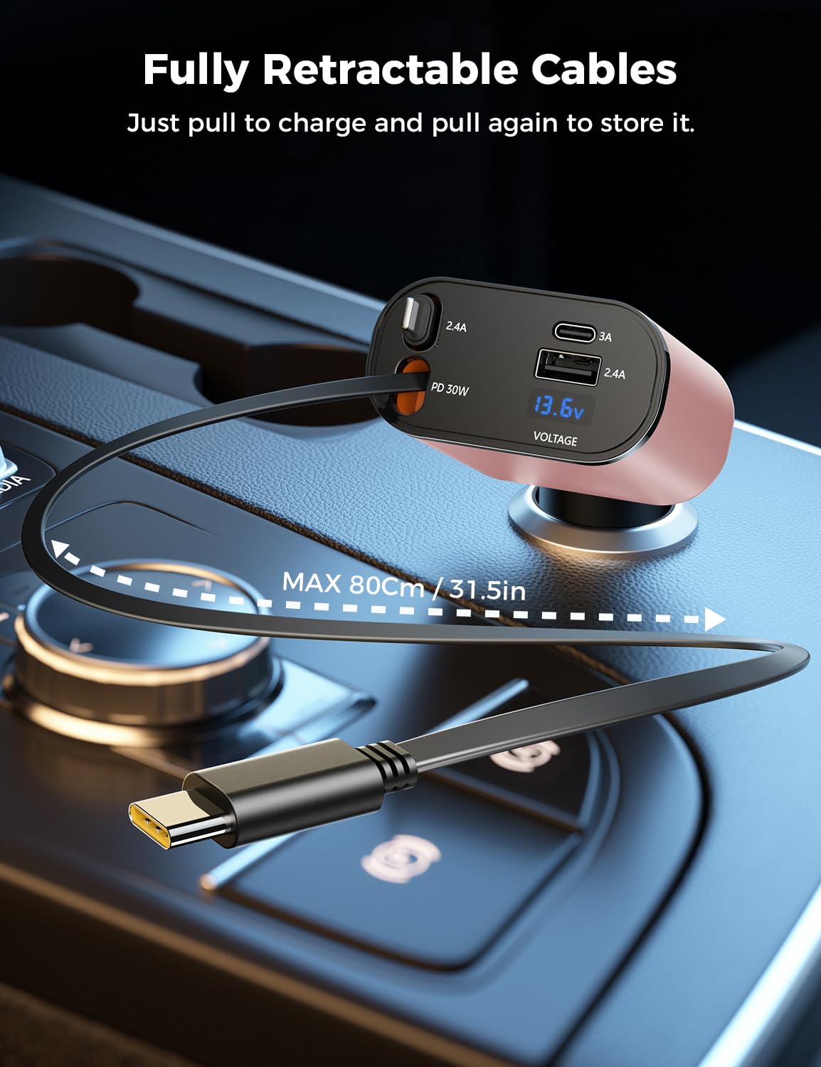 【Upgraded】 SUPERONE Retractable Car Charger 4 in 1, Fast Car Phone Charger with Cord 2.6ft, USB C and Apple Car Adapter, Compatible with iPhone 17 16 15/15 Pro Max/14/13/12/11, Galaxy, Pixel