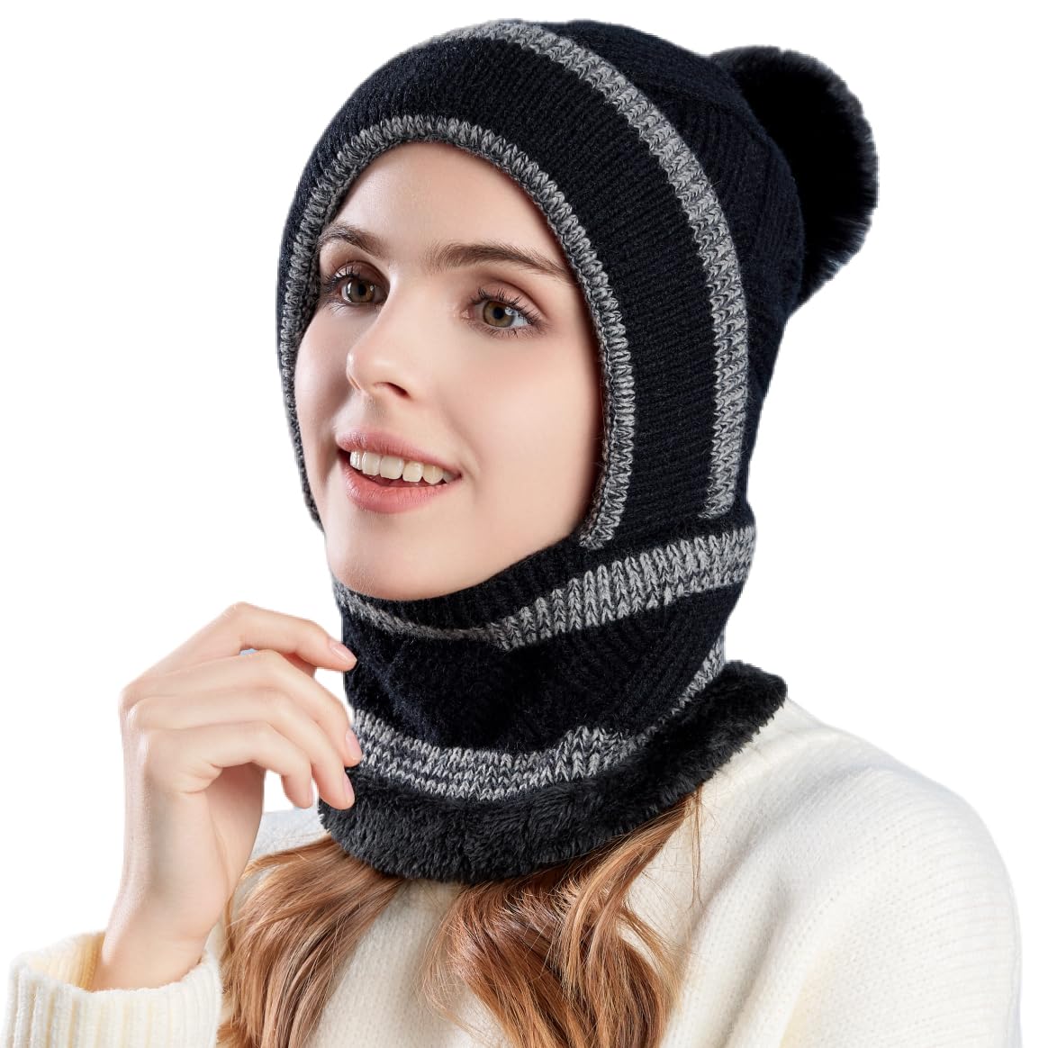 HUAMULAN Women Winter Beanie Hats One Piece Fleece Lined Knit Balaclavas Mask Set Skull Neck Circle Scarf Ski Snow Hat Pompom