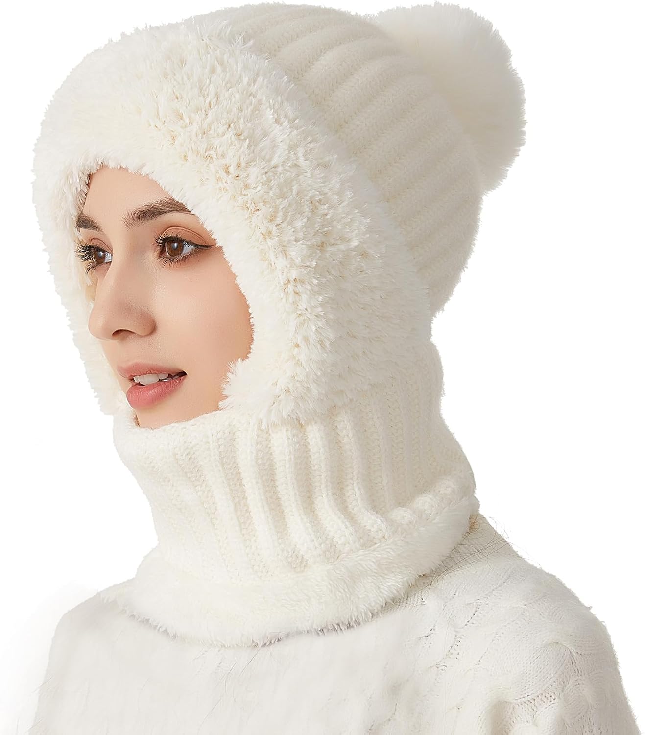 HUAMULAN Women Winter Beanie Hats One Piece Fleece Lined Knit Balaclavas Mask Set Skull Neck Circle Scarf Ski Snow Hat Pompom