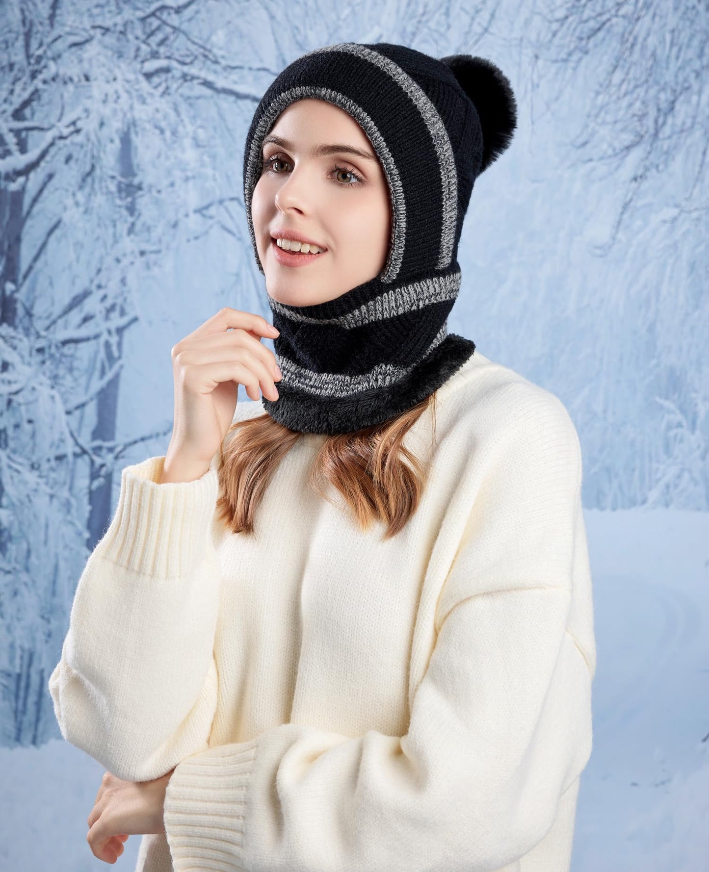HUAMULAN Women Winter Beanie Hats One Piece Fleece Lined Knit Balaclavas Mask Set Skull Neck Circle Scarf Ski Snow Hat Pompom