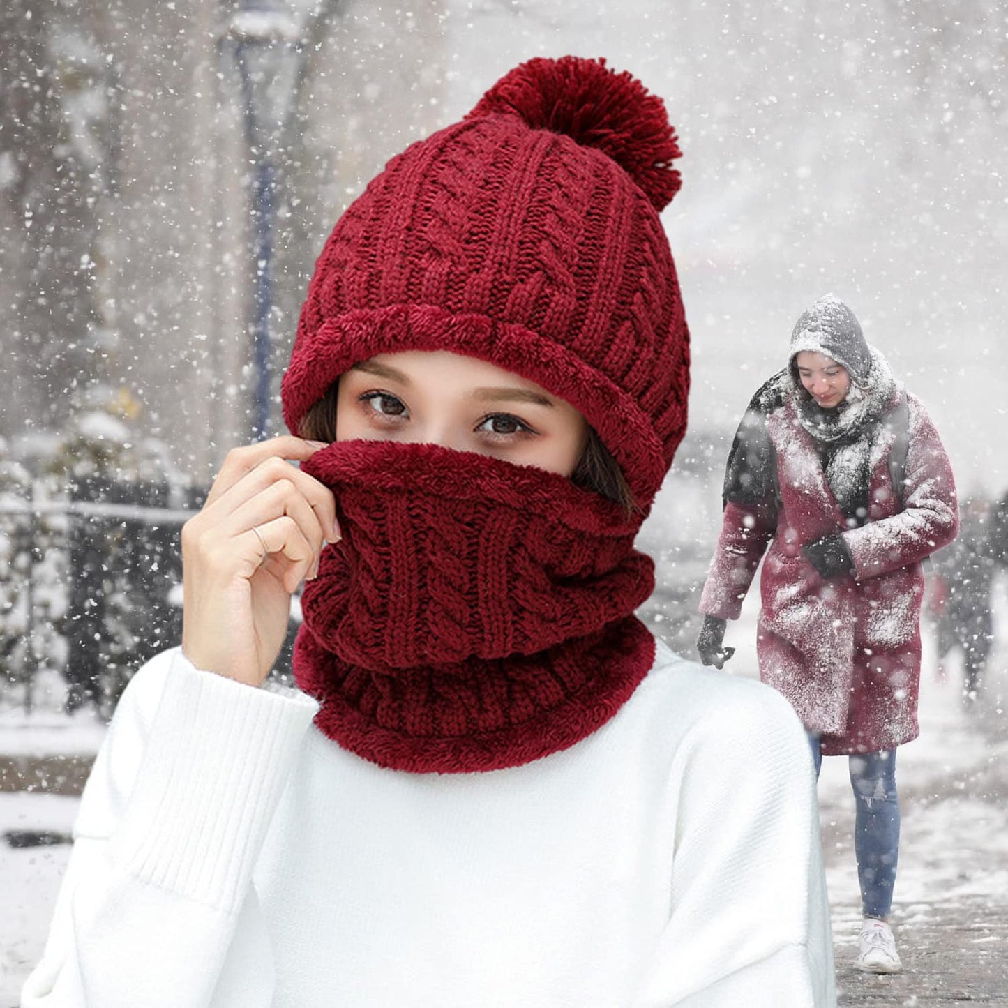 HUAMULAN Women Winter Beanie Hats One Piece Fleece Lined Knit Balaclavas Mask Set Skull Neck Circle Scarf Ski Snow Hat Pompom