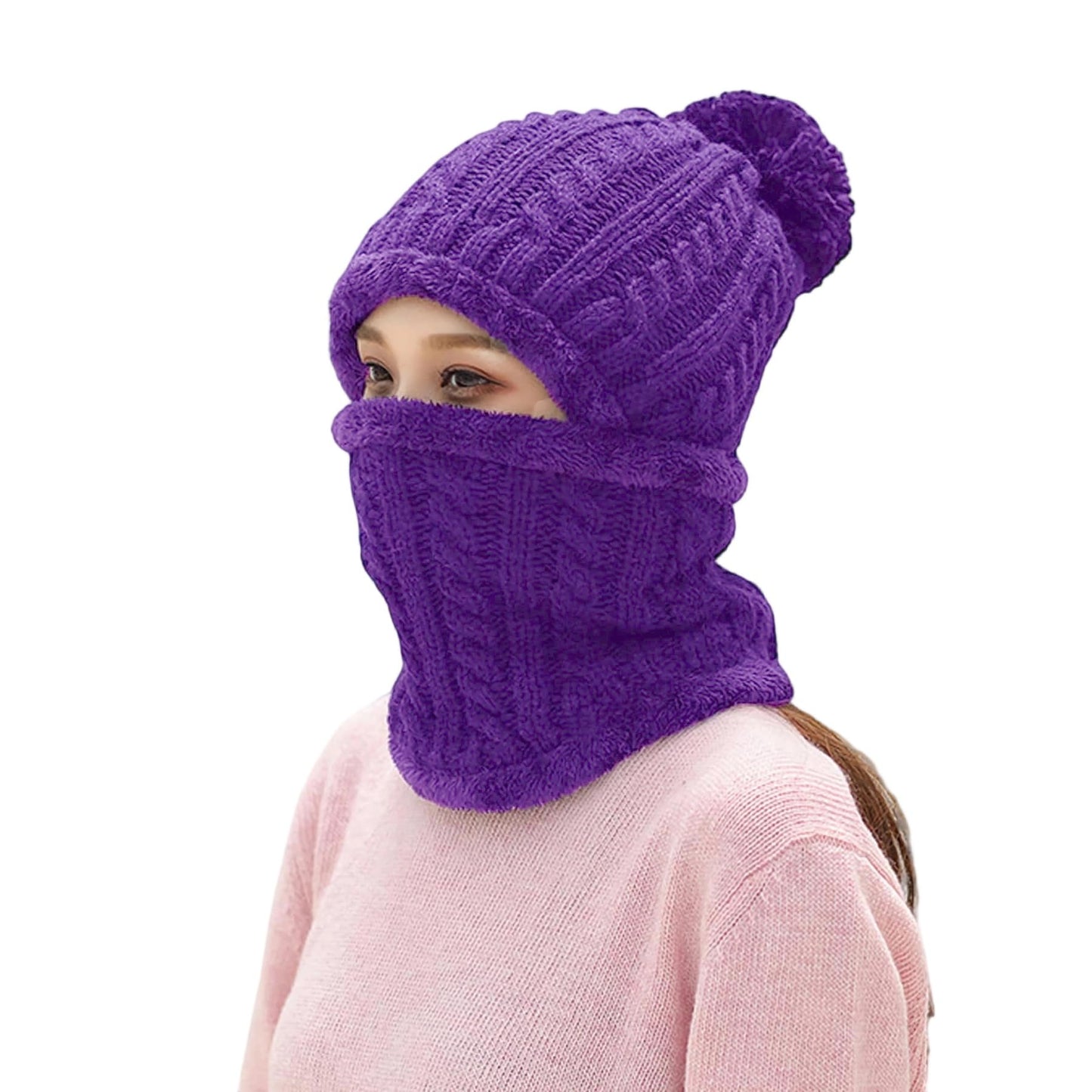 HUAMULAN Women Winter Beanie Hats One Piece Fleece Lined Knit Balaclavas Mask Set Skull Neck Circle Scarf Ski Snow Hat Pompom