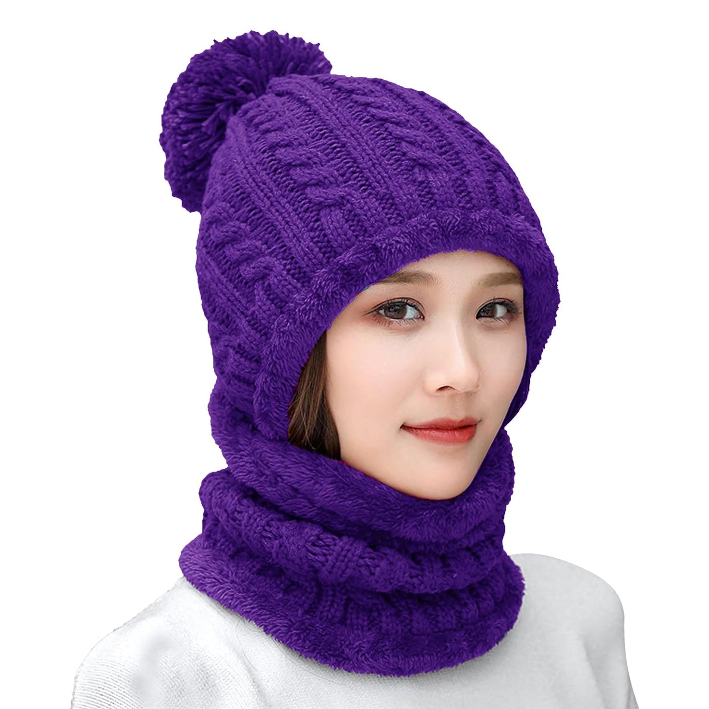 HUAMULAN Women Winter Beanie Hats One Piece Fleece Lined Knit Balaclavas Mask Set Skull Neck Circle Scarf Ski Snow Hat Pompom