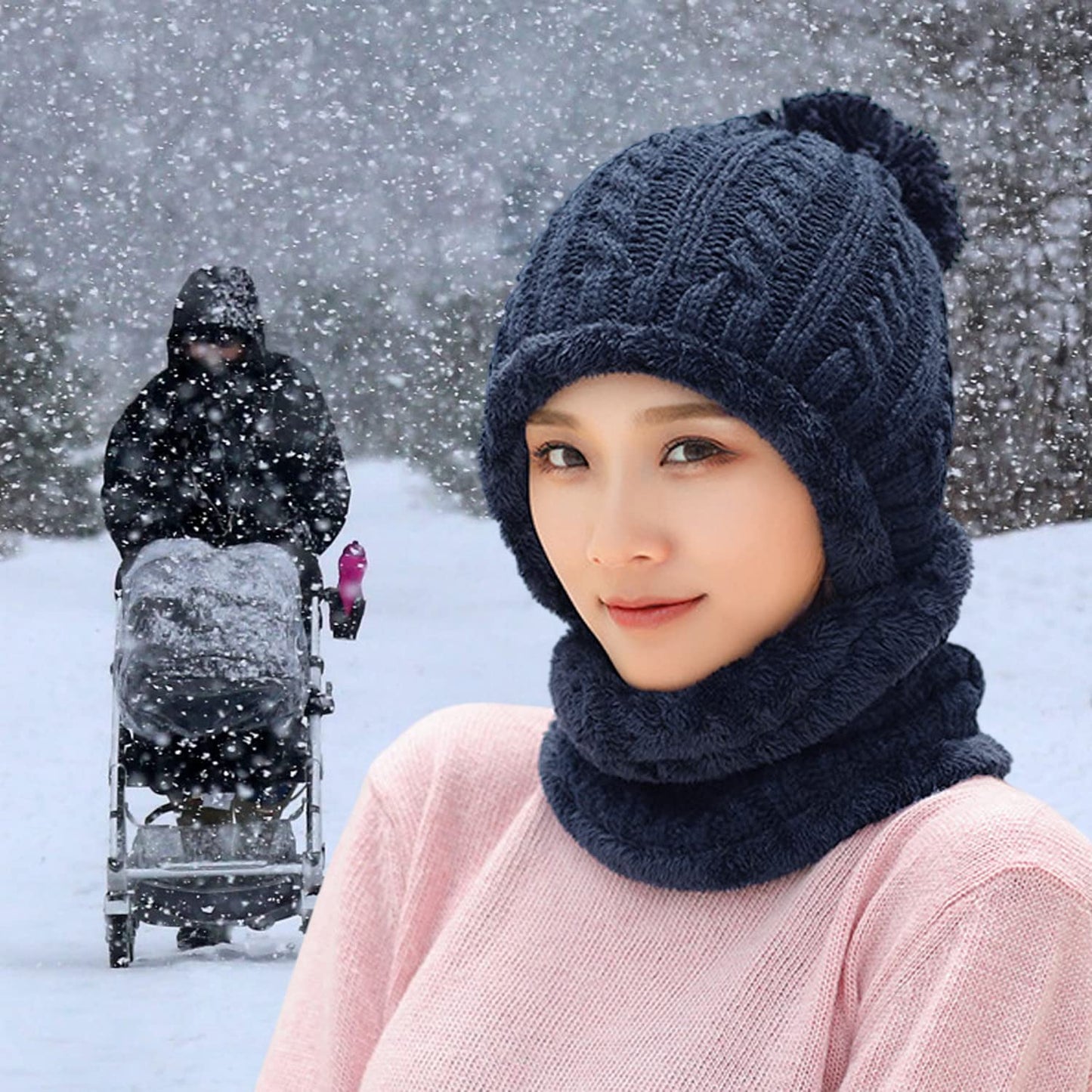 HUAMULAN Women Winter Beanie Hats One Piece Fleece Lined Knit Balaclavas Mask Set Skull Neck Circle Scarf Ski Snow Hat Pompom