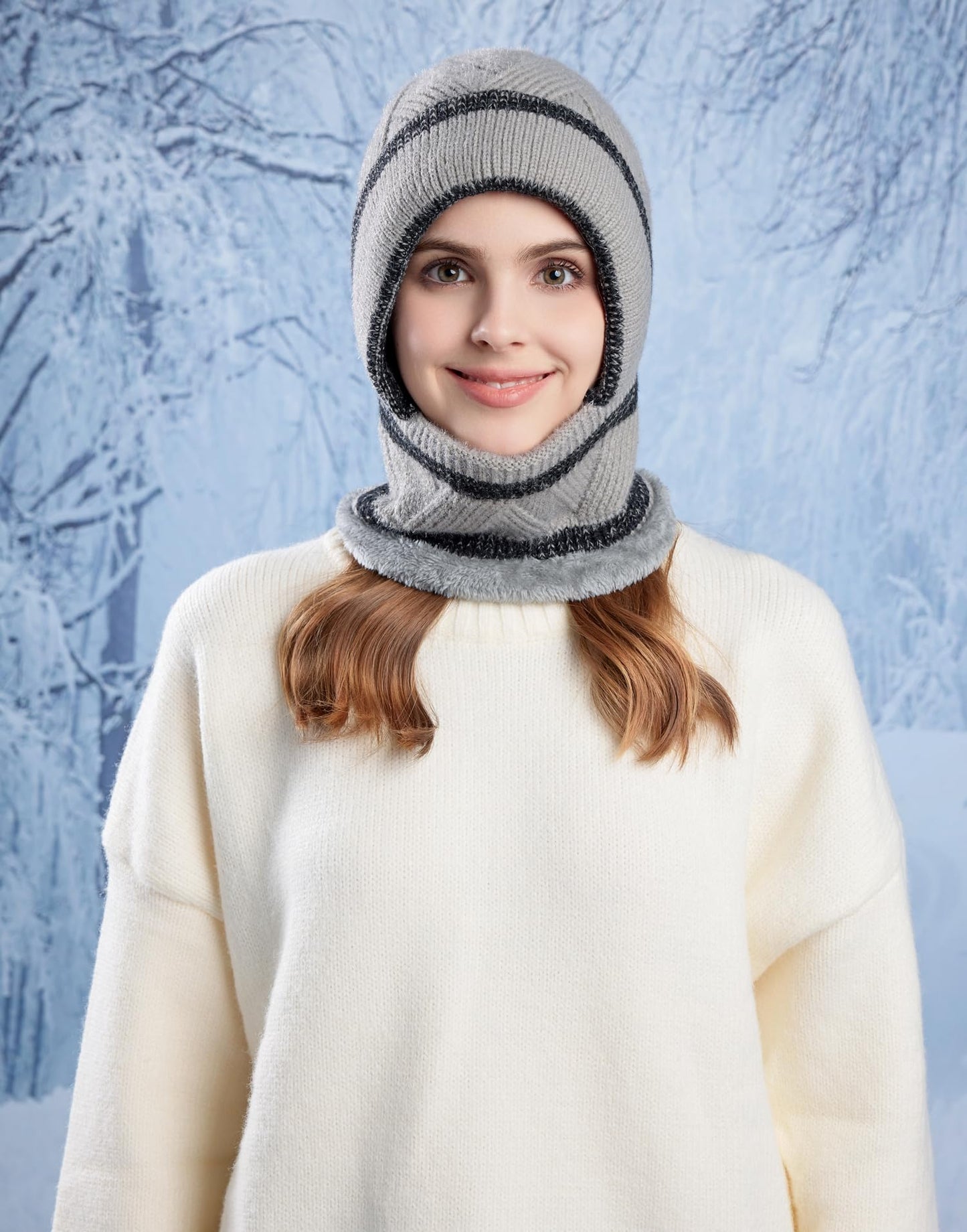HUAMULAN Women Winter Beanie Hats One Piece Fleece Lined Knit Balaclavas Mask Set Skull Neck Circle Scarf Ski Snow Hat Pompom