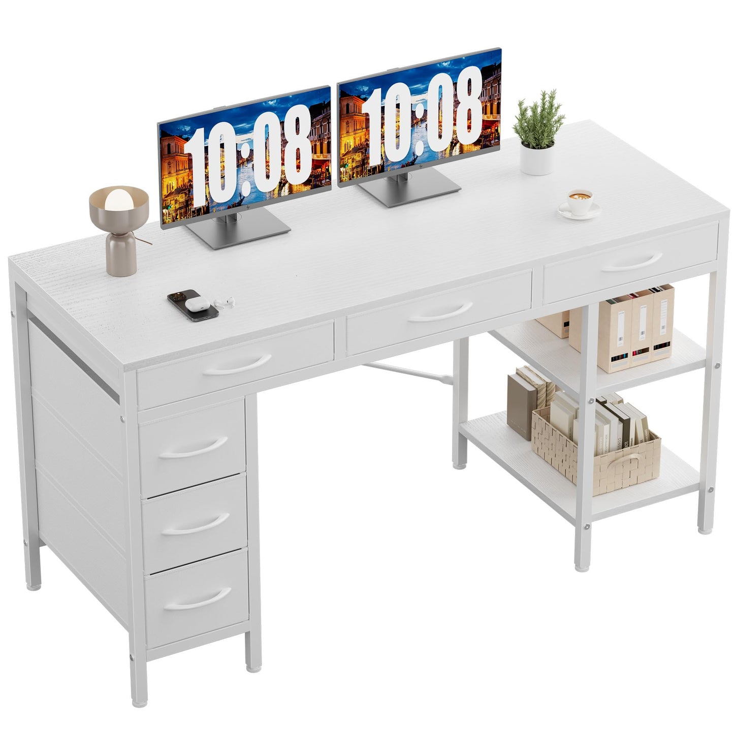Sweetcrispy 47" Computer Desk with 6 Drawers, Home Office Gaming Desks with Storage Shelves for Bedroom, Writing Study Corner Living Room Work Table Rustic Brown