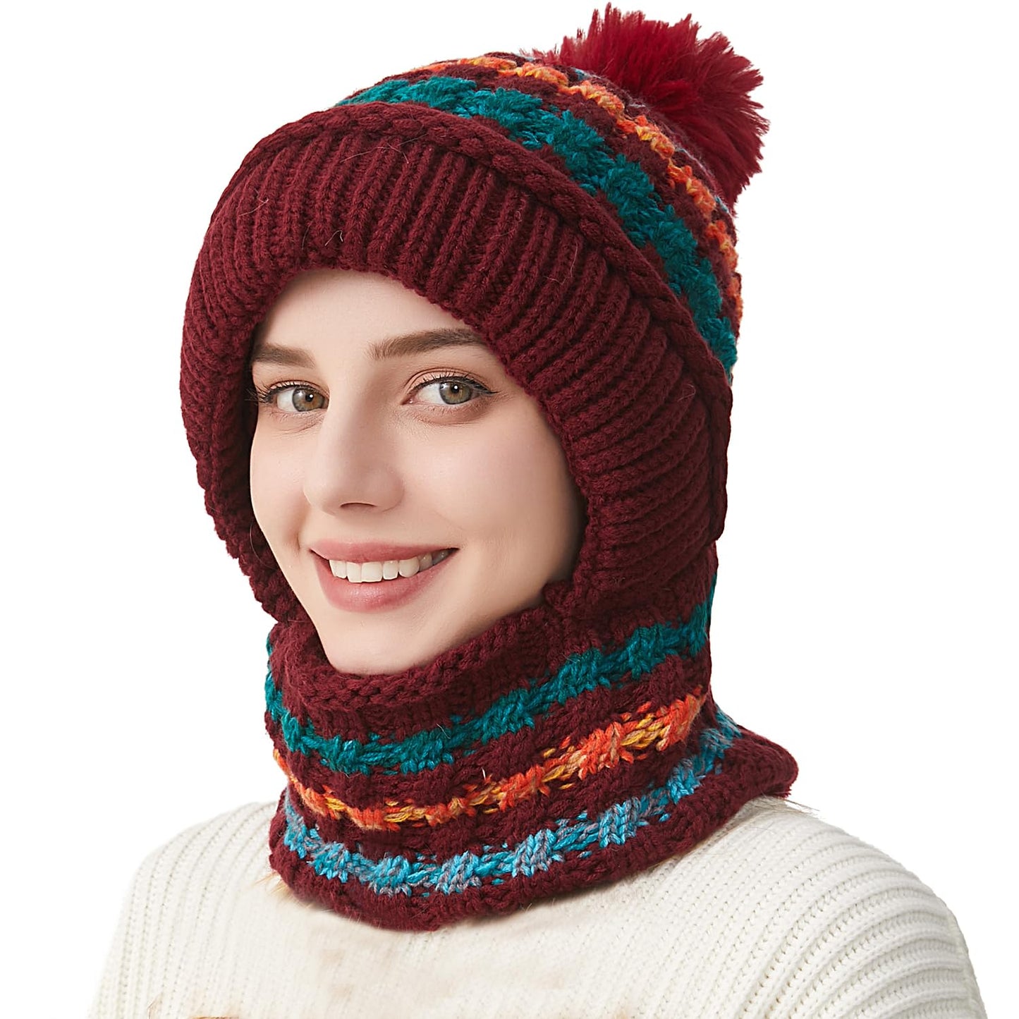 HUAMULAN Women Winter Beanie Hats One Piece Fleece Lined Knit Balaclavas Mask Set Skull Neck Circle Scarf Ski Snow Hat Pompom