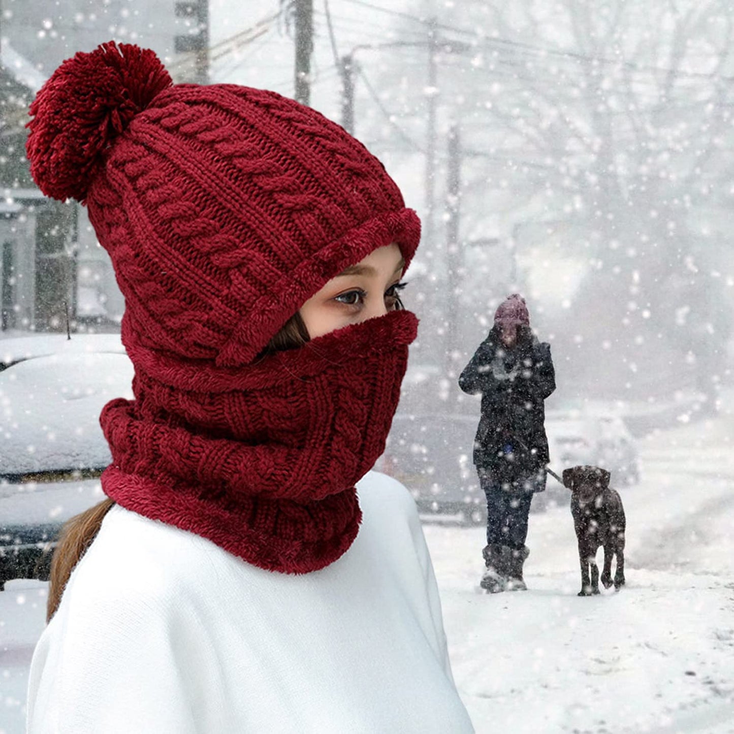 HUAMULAN Women Winter Beanie Hats One Piece Fleece Lined Knit Balaclavas Mask Set Skull Neck Circle Scarf Ski Snow Hat Pompom