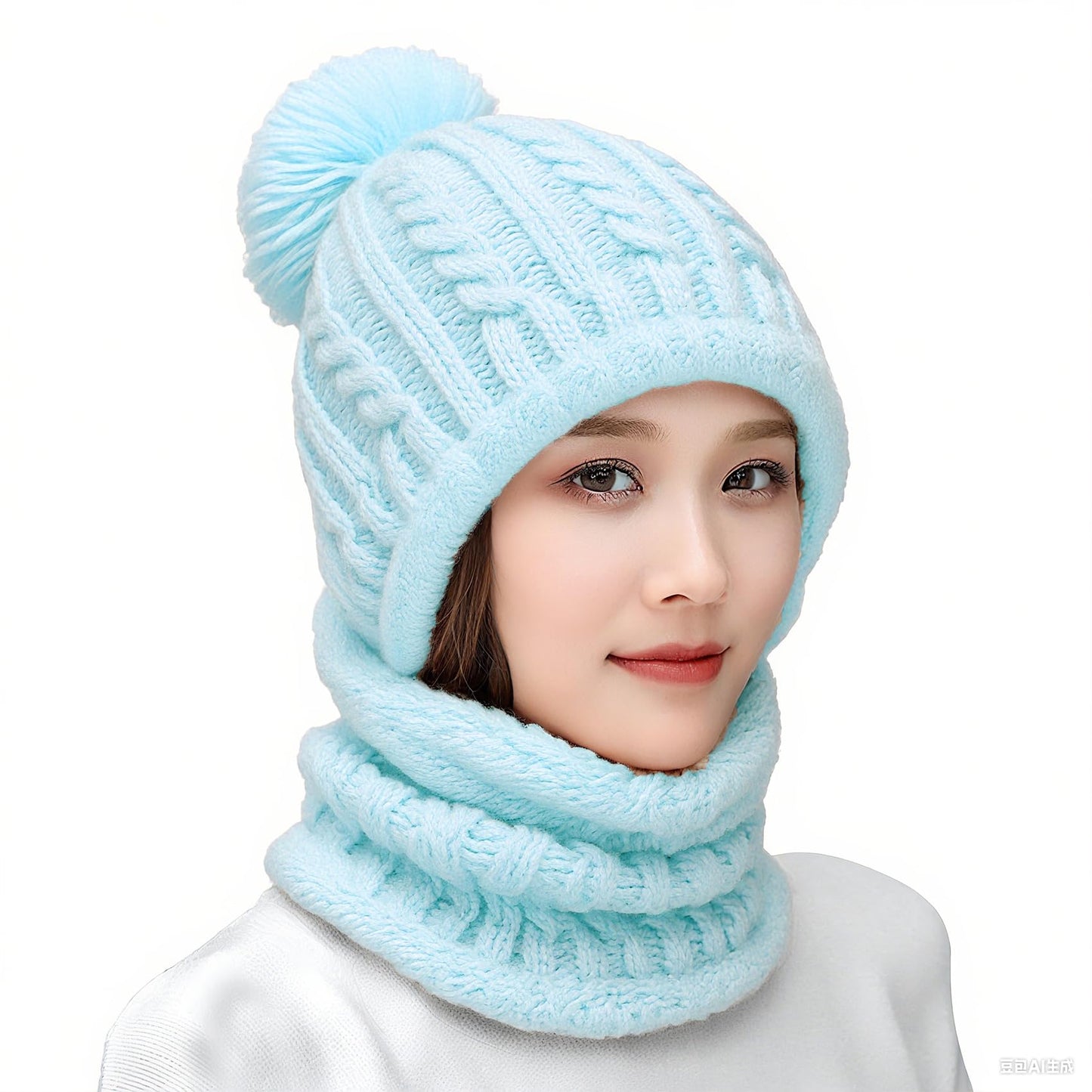 HUAMULAN Women Winter Beanie Hats One Piece Fleece Lined Knit Balaclavas Mask Set Skull Neck Circle Scarf Ski Snow Hat Pompom